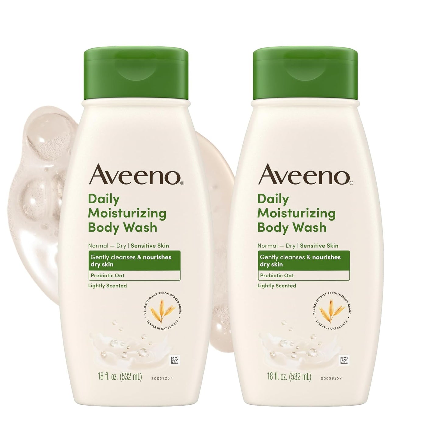 HotAveeno Daily Moisturizing Body Wash for Normal to Dry and Sensitive Skin Formula with Prebiotic Oat, Lightly Scented, 18 Fl Oz (2 Pack)