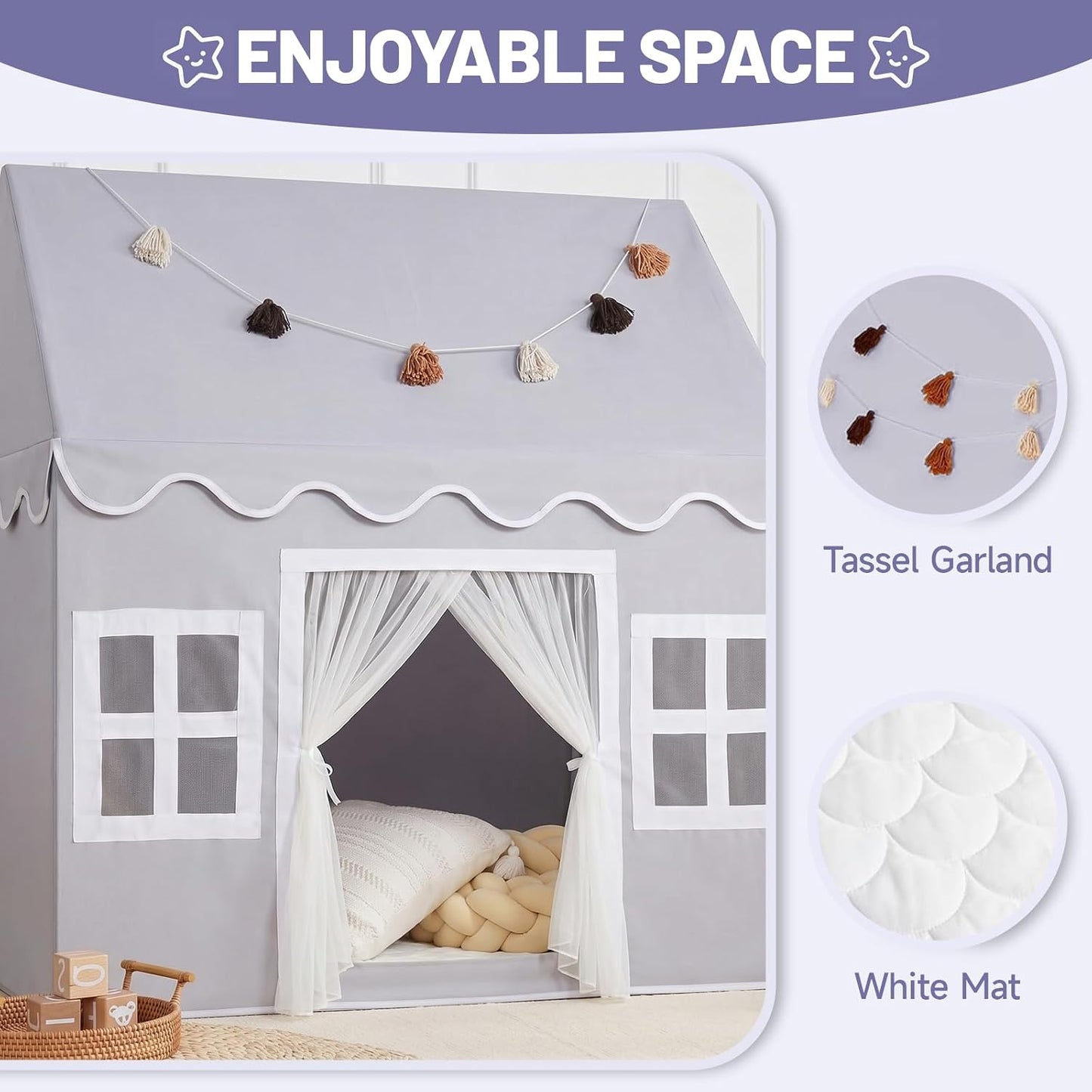 HotKids Play Tent Indoor: with Mat, Tassel Garland - Large Gray Kids Tent Indoor Playhouse for Kids Toys for Boy Girl Birthday Gift