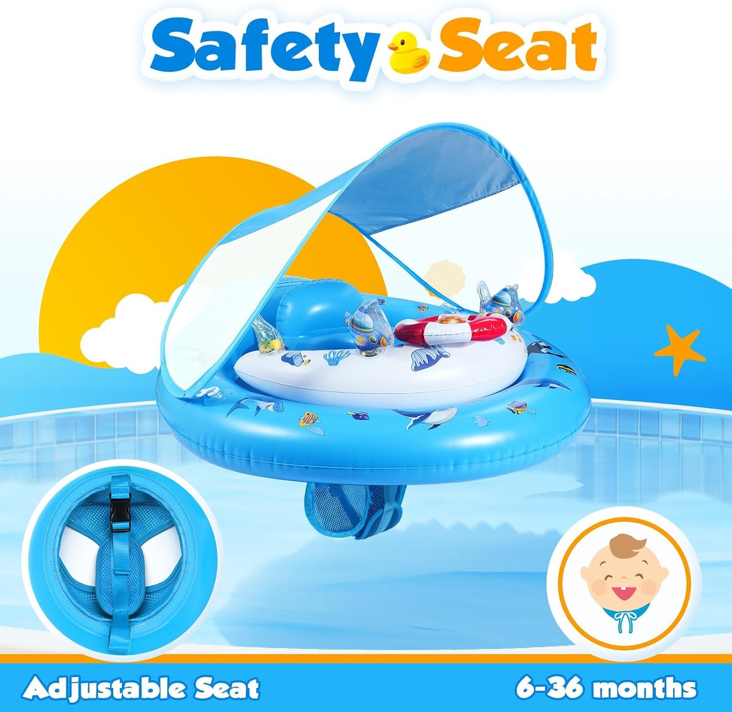 HotBaby Pool Float with Canopy UPF50+ Sun Protection, Inflatable Kids Pool Floats with Toy Play Console for Baby 6-36 Months, Infant Swimming Float with Adjustable Safety Seat for Boys Girls