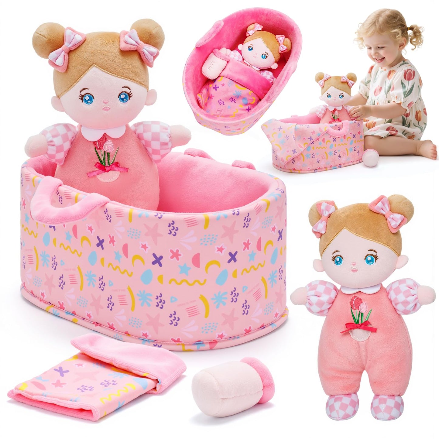 Hot OUOZZZ Soft Plush Baby Doll 10" Tulip Pink Snuggle Buddy | First Birthday Toys for 1 Year Old Girl, Ideal 1 Year Old Girl Gifts & Baby Girl Gifts, Cuddly Toy for Infants & Toddlers
