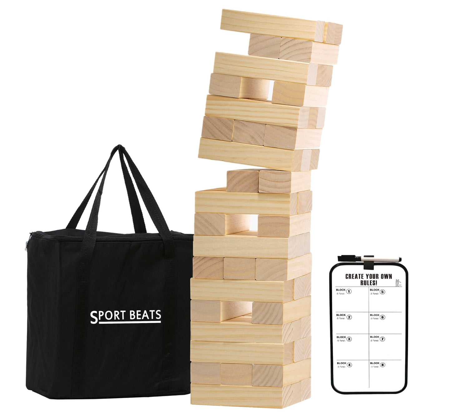 HotOutdoor Games Large Wooden Tower Stacking Game - 54 Premium Pine Blocks Stack up to 4FT with Custom Rules Board & Heavy Duty Carry Bag - Outdoor Lawn Games for Backyard Parties, Camping, Tailgating