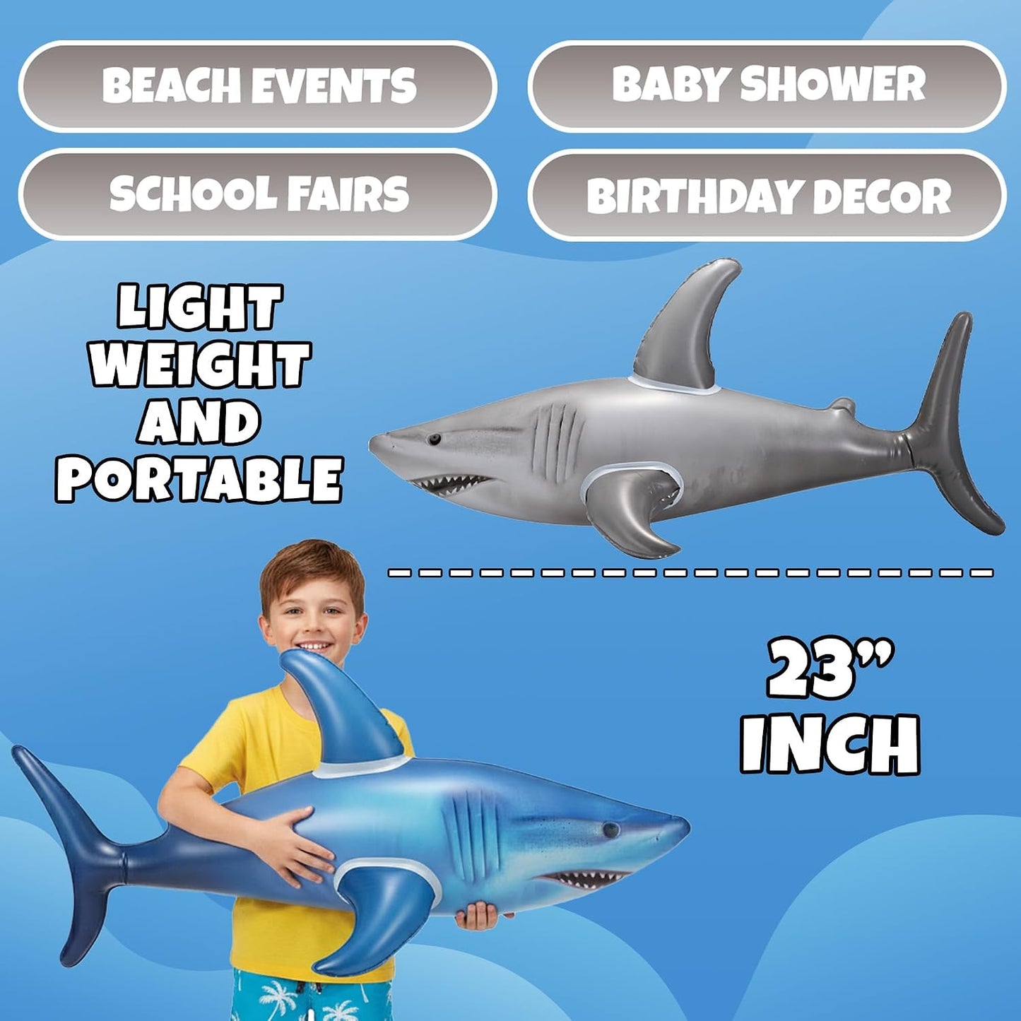 Hot Inflatable Shark Birthday Party Decorations & Pool Toys - 4 Pack (2 Grey, 2 Blue) Large 23-Inch Blow-Up Shark Float Party Supplies for Kids or Adults Birthday, Beach, Summer Games & Party Favor Gifts
