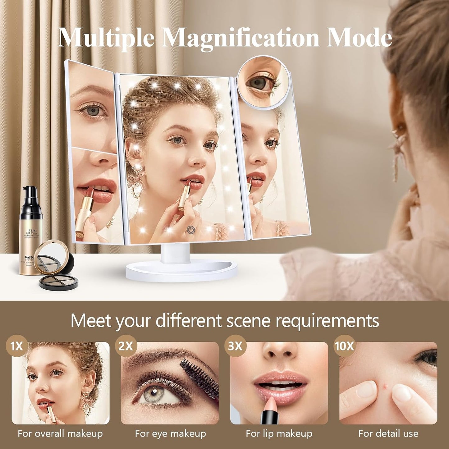 HotHUONUL Makeup Mirror, Vanity Mirror with Lights, 2X/3X/10X Magnification, Touch Control, Trifold, Dual Power Supply, Birthday Gifts for Women, Wife, Mom, Girls,Dorm Room Essentials