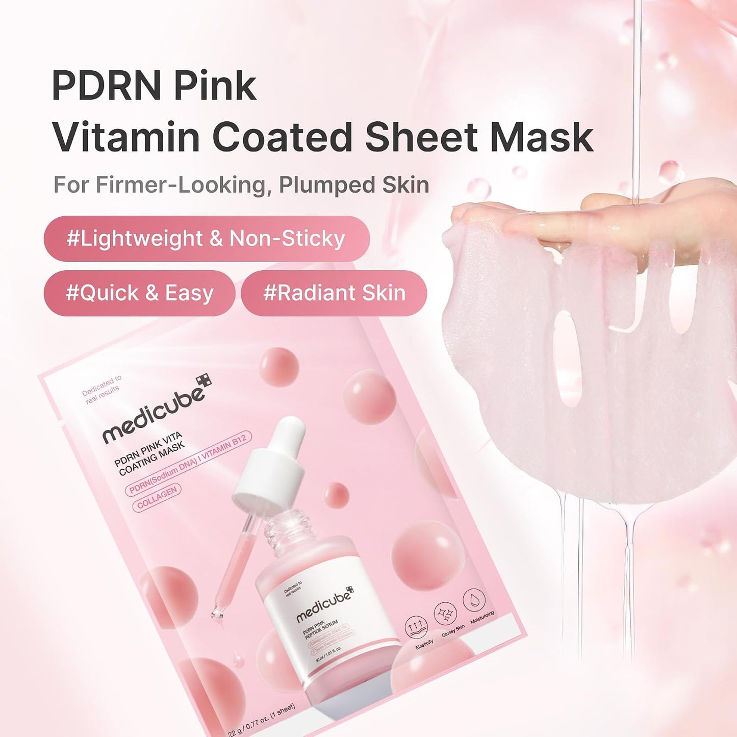 Hotmedicube Salmon DNA PDRN Pink Vitamin Coated Sheet Mask 10EA | Sheet Mask for Hydration, Firming, and Balanced Skin - Luxurious At-Home Care, Korean Skin Care, 0.77oz, 10ea