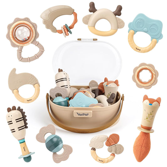 HotBaby Rattles & Teethers Set – Baby Toys 0-6 Months, Teething Toys 3-6 Months, Sensory Toys with Soft Textures, Gentle Sounds & Easy-Grip Shape, Neutral Newborn Gift（10-Pack）