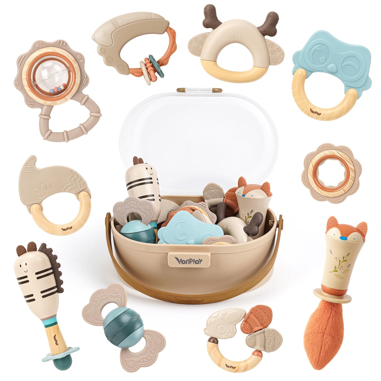 HotBaby Rattles & Teethers Set – Baby Toys 0-6 Months, Teething Toys 3-6 Months, Sensory Toys with Soft Textures, Gentle Sounds & Easy-Grip Shape, Neutral Newborn Gift（10-Pack）