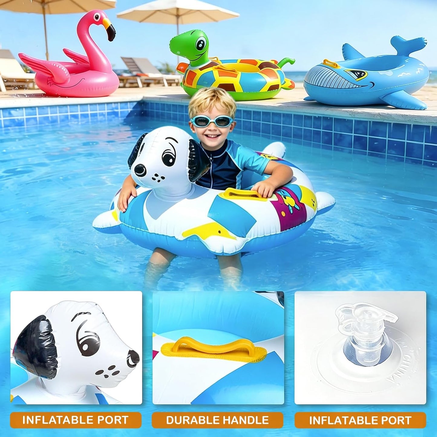 Hot 4 Pack Inflatable Pool Floats for Toddler Age 3-7 Animal Swim Tube Rings for Kids Infant Baby Ride on Beach Floaties with Safety Seat&Handle for Summer Lake Pool (Flamingo, Turtle, Whale, Dalmatian)
