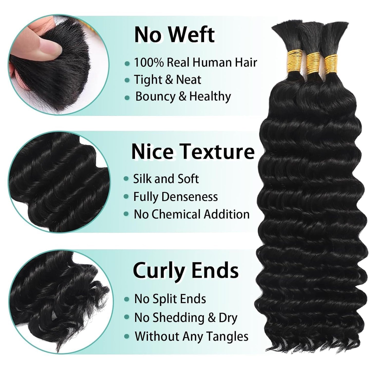 HotMOTFIN Human Braiding Hair for Boho Braids 20 Inch Curly Wave Bulk Bundles | 110g Boho Hair for Braiding, 12A 100% Virgin, Long-lasting, Tangle Free, Deep Wave, Knotless Bohemian Braid, Natural Color