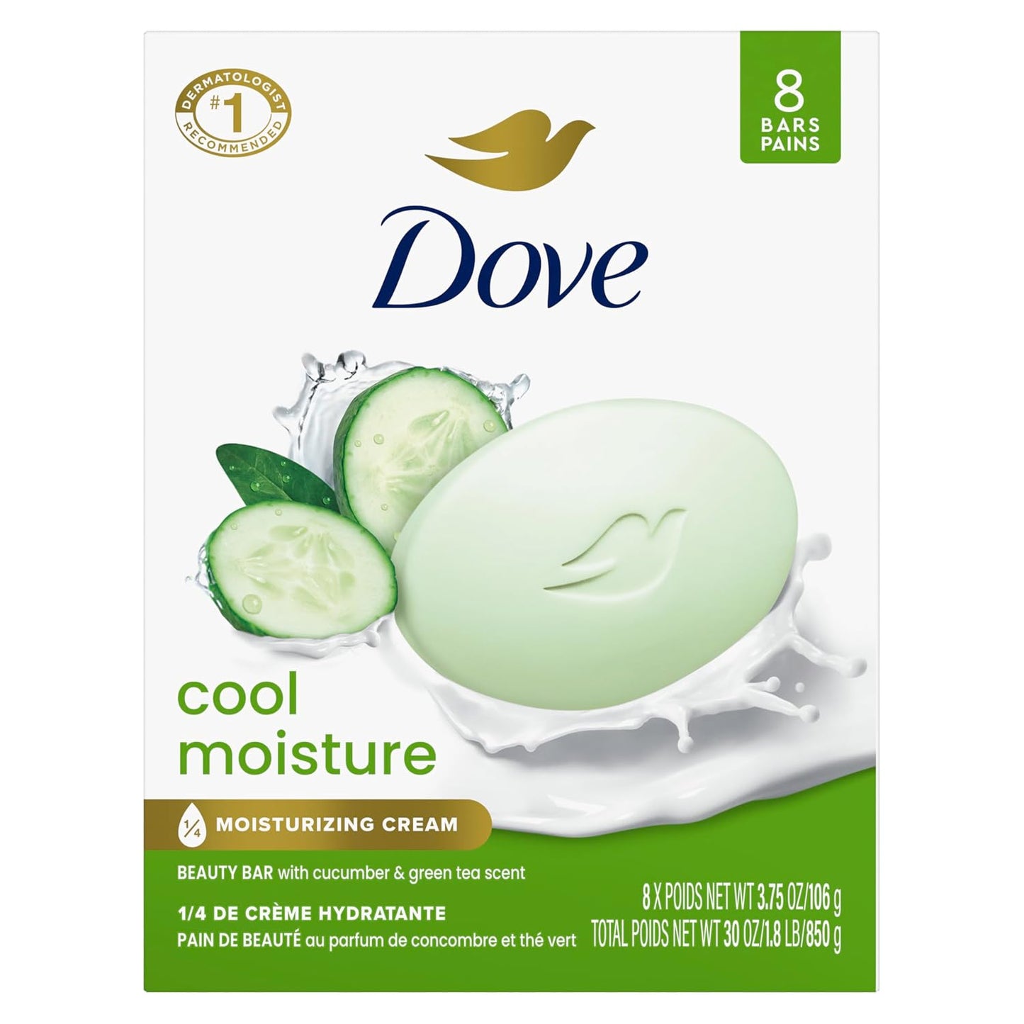 HotDove Cool Moisture Beauty Bar Soap 8 Count, Refreshing Cleanser, 3.75 oz I Moisturizing beauty bar with cucumber and green tea scent for refreshed, soft skin
