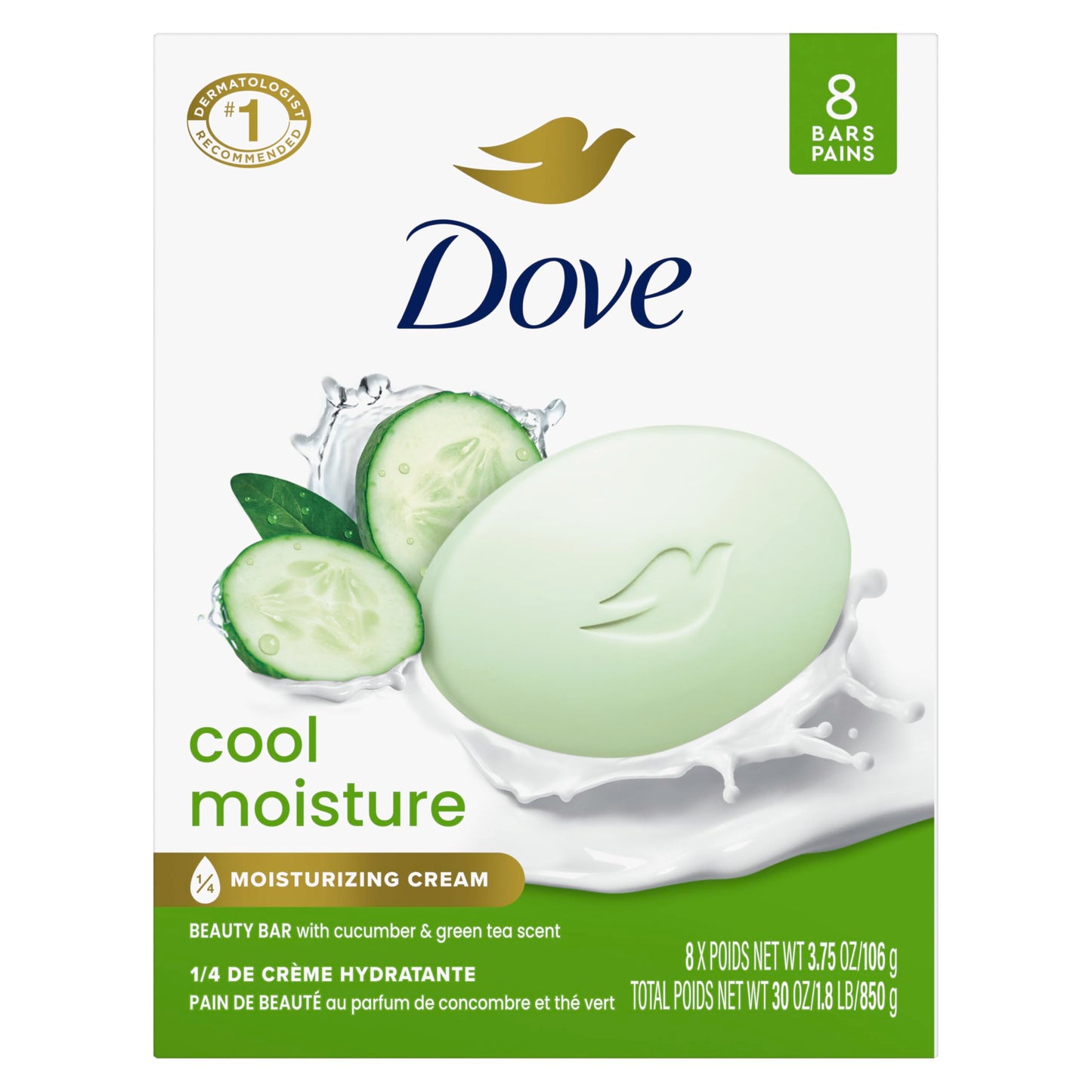 HotDove Cool Moisture Beauty Bar Soap 8 Count, Refreshing Cleanser, 3.75 oz I Moisturizing beauty bar with cucumber and green tea scent for refreshed, soft skin