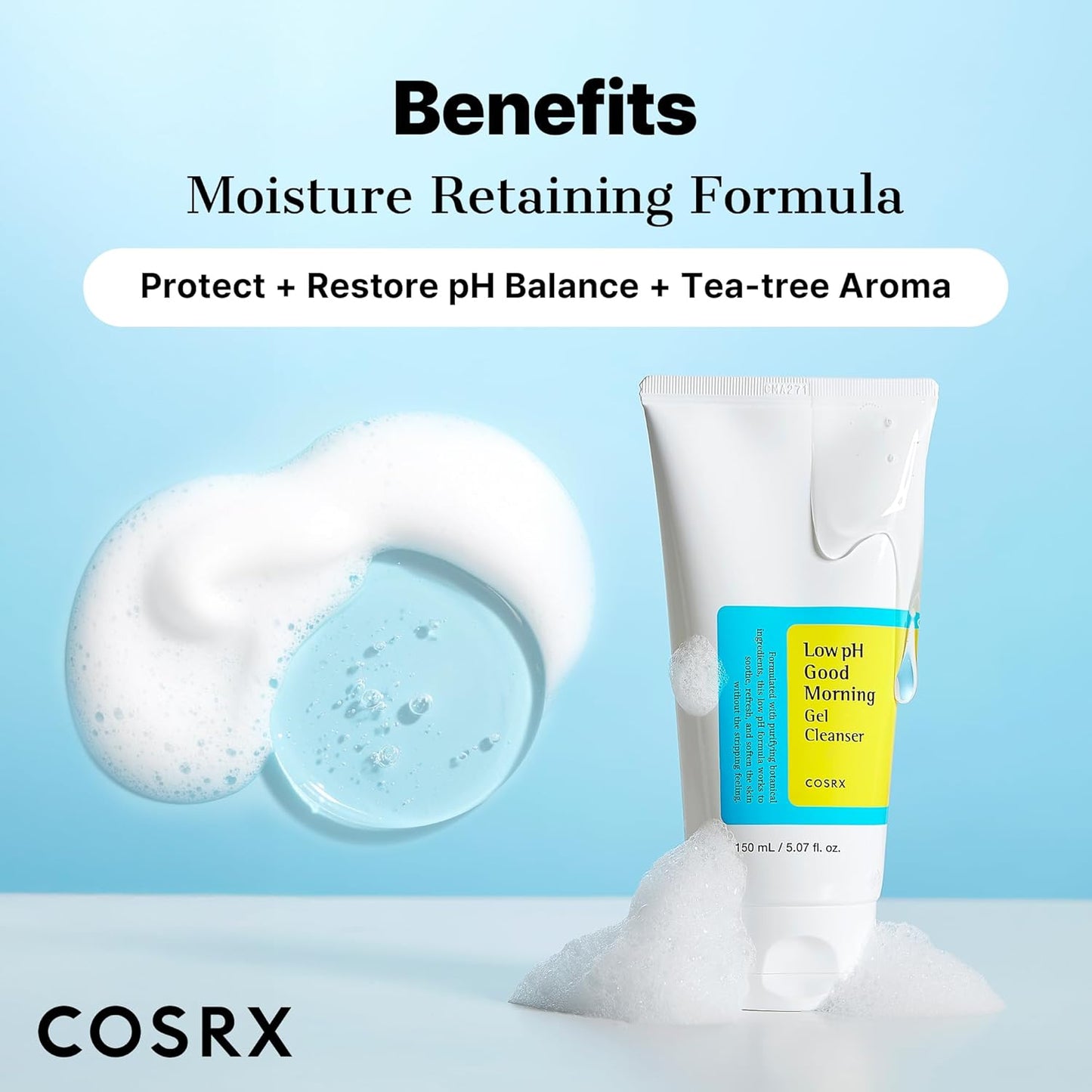 HotCOSRX Low pH Good Morning Gel Face Cleanser, 5.07 fl oz, BHA Face Wash, Daily Mild Face Cleanser for Sensitive Skin, PH Balancing, Korean Skin Care, Korean Face Wash