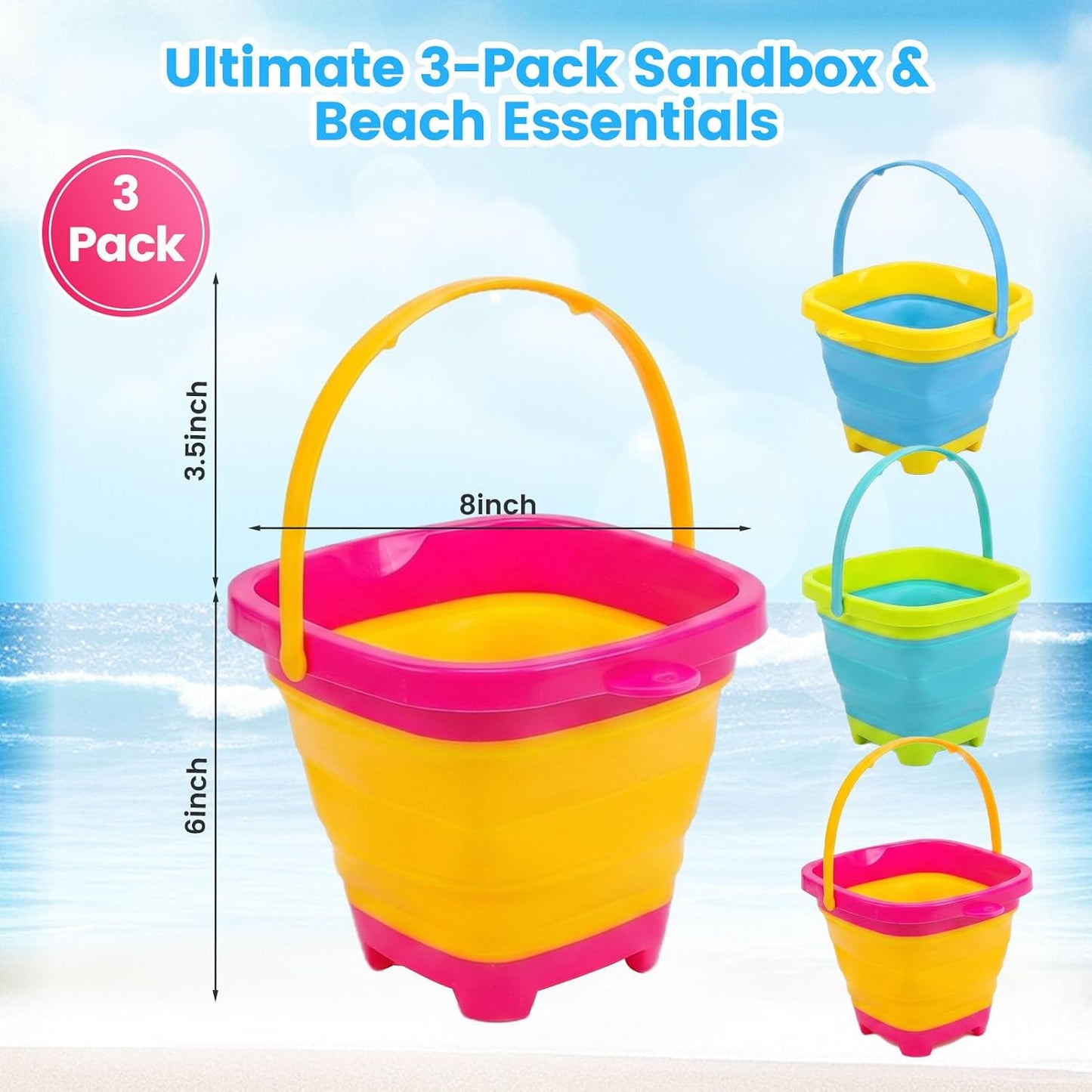 Hot Shindel 3Packs Foldable Pail Bucket, 2L Silicone Collapsible Beach Toys Bucket for Kids, Multi Purpose for Fun Summer Activities, Camping Gear, Beach Essentials