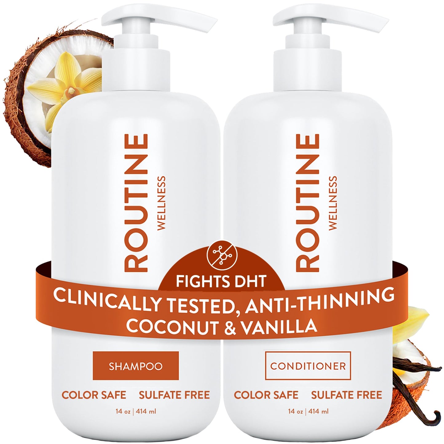 HotRoutine Wellness Anti-Thinning Shampoo & Conditioner - Coconut & Vanilla | Clinically tested shampoo for thinning hair with biotin, pea peptides, saw palmetto oil, color safe, sulfate free