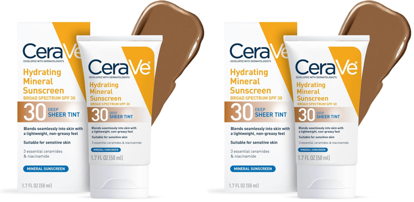 HotCeraVe Hydrating Mineral Sunscreen SPF 30 with Sheer Tint, Tinted Mineral Sunscreen with Zinc Oxide & Titanium Dioxide, Blends Seamlessly For Healthy Glow, Medium, 1.7 Fluid Ounce