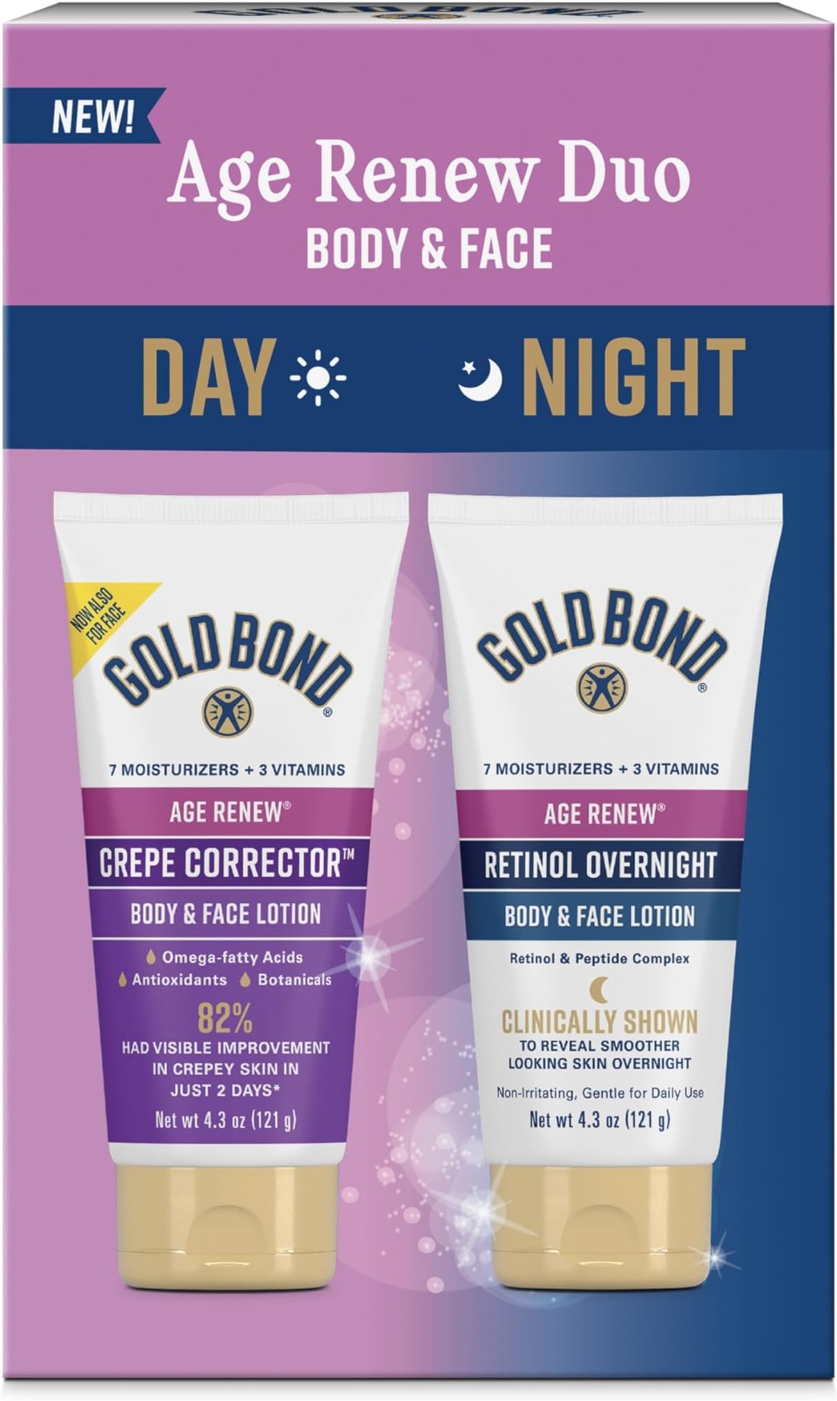 HotGold Bond Age Renew Day & Night Duo Lotion Set for Body & Face, Crepe Corrector & Retinol Overnight Lotion Visibly Firms Skin & Visibly Smooths Skin, 8.6 oz