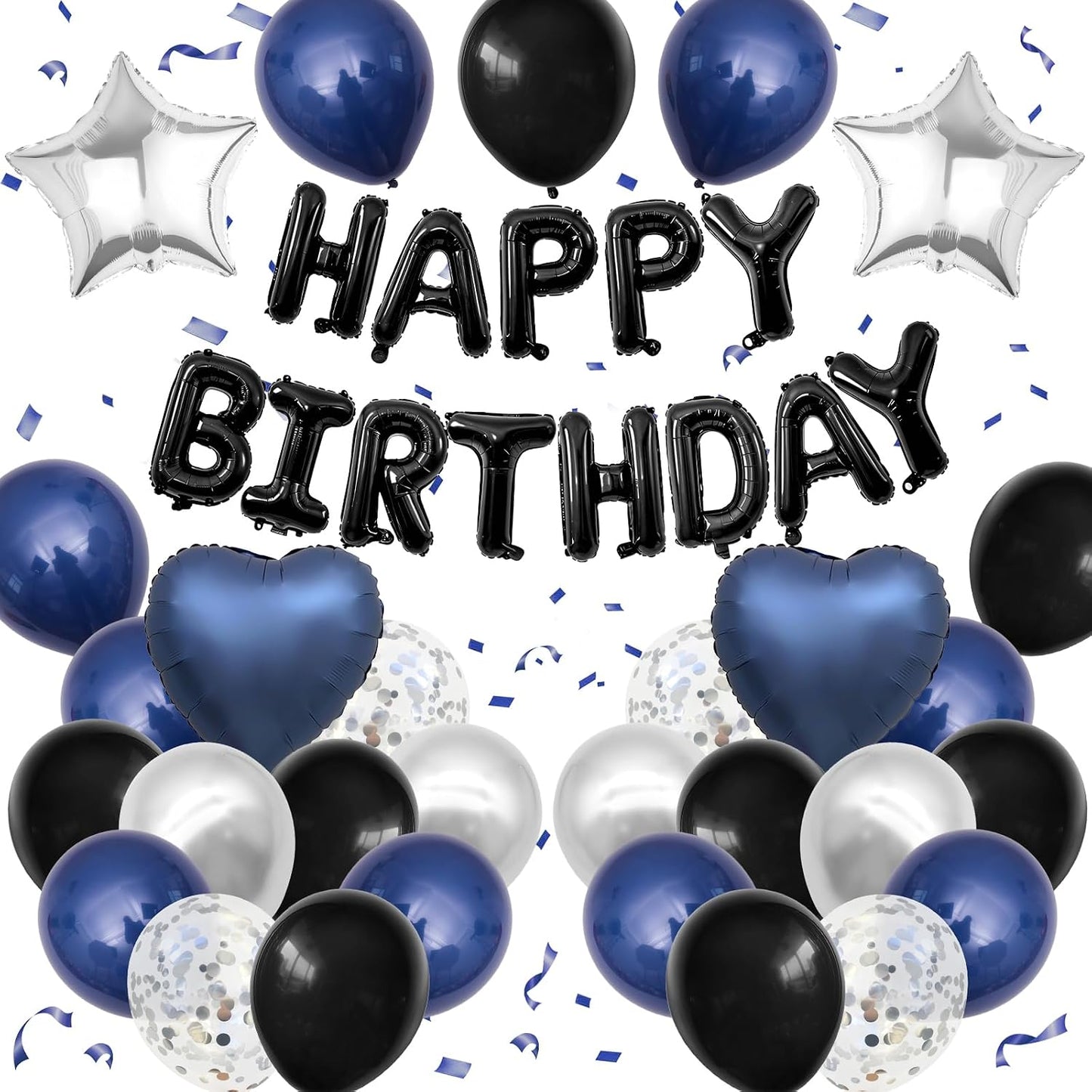 HotNavy Blue and Black Birthday Decorations for Men,Blue Black White Balloons Happy Birthdays Balloon Banner Silver Confetti Balloons for Men Boy Girls Women Adults Birthday Party Decorations