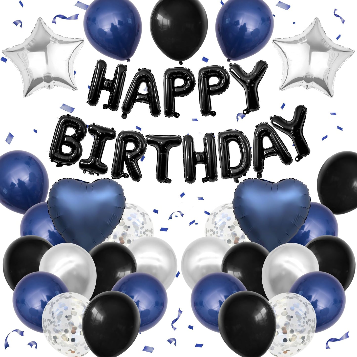 HotNavy Blue and Black Birthday Decorations for Men,Blue Black White Balloons Happy Birthdays Balloon Banner Silver Confetti Balloons for Men Boy Girls Women Adults Birthday Party Decorations