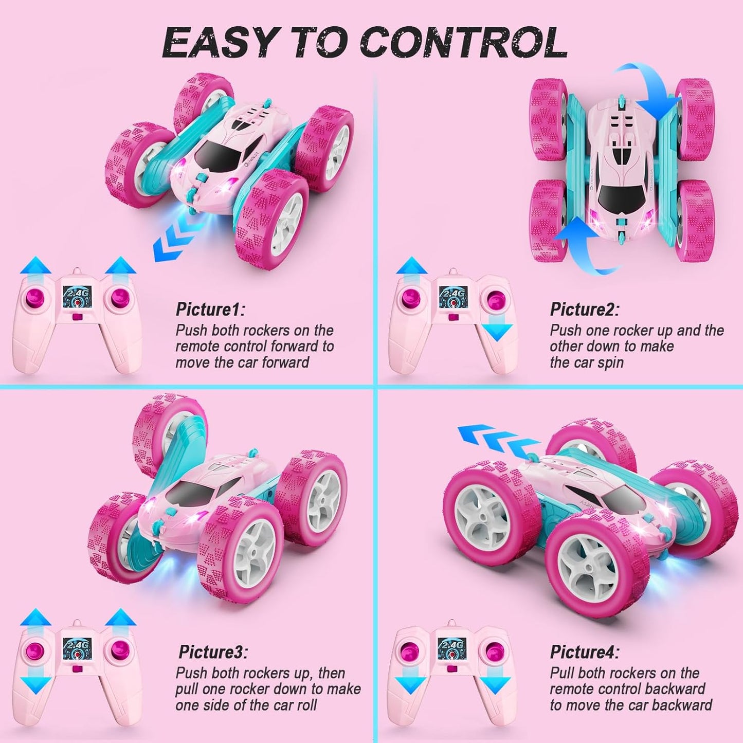 HotQUNREDA RC Cars, Pink Remote Control Car for Girls, 2.4 GHZ Double Sided RC Stunt Car 360° Rotating Remote Control Crawler with Headlights Car Toys for 6 7 8 9 10 11 12 Girls Birthday Gift Grandkids
