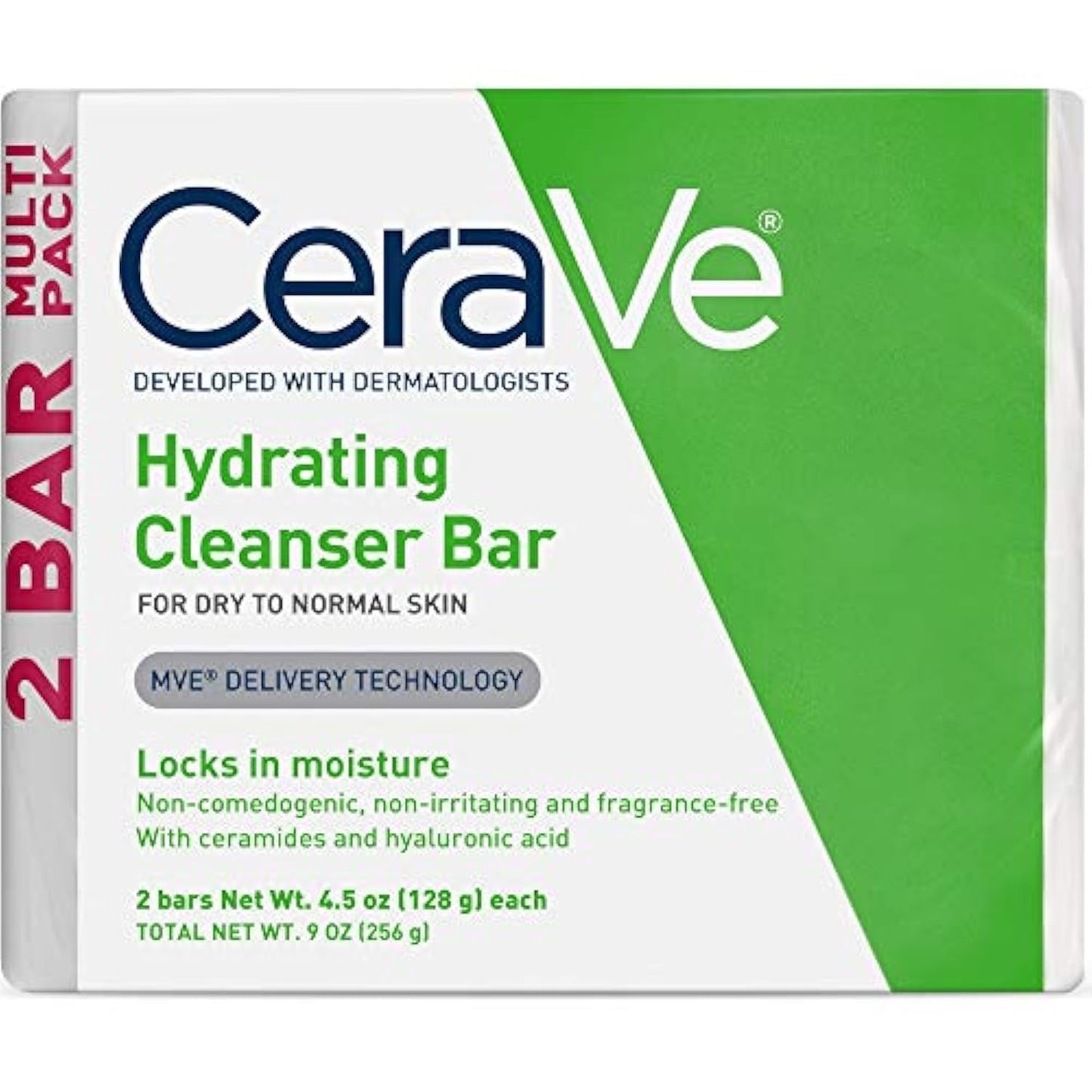 HotCeraVe Hydrating Cleanser Bar, Soap-Free Body and Facial Cleanser with 5% Moisturizing Cream, Fragrance-Free, 2-Pack, 4.5 Ounce Each