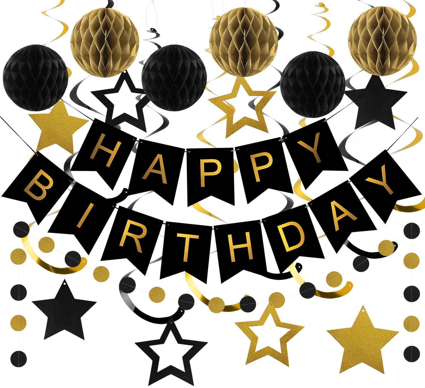 Hotmeowtastic Birthday Decorations Happy Birthday Banner with Honeycomb Balls | 16pcs Birthday Set: 1 Banner+6 Honeycomb Balls+8 Star Spirals+1 Circle Dots, Happy Birthday Decor - Blue