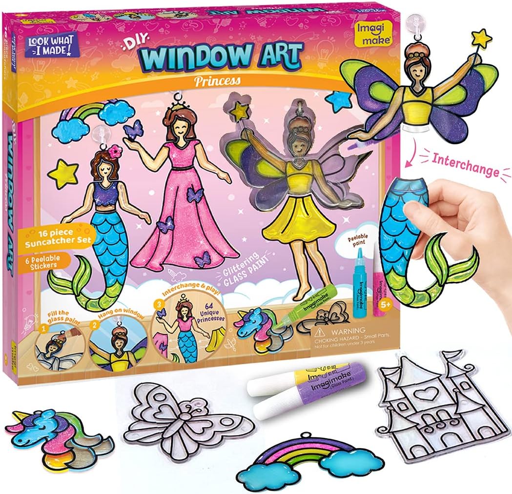 HotImagimake Window Art - Princess, DIY Mess-Free 16 Pieces Suncatcher Kit | Stained Glass Painting Craft Activity for Kids, Birthday Gift for Girls Ages 5,6,7,8,9,10,12 Years Old