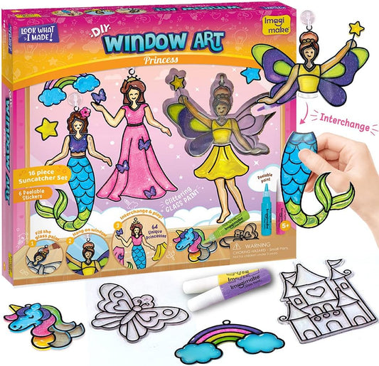HotImagimake Window Art - Princess, DIY Mess-Free 16 Pieces Suncatcher Kit | Stained Glass Painting Craft Activity for Kids, Birthday Gift for Girls Ages 5,6,7,8,9,10,12 Years Old
