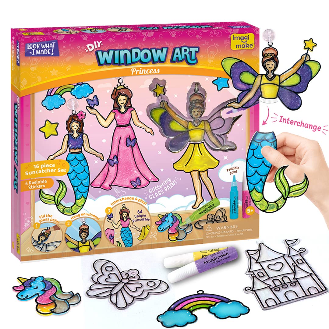 HotImagimake Window Art - Princess, DIY Mess-Free 16 Pieces Suncatcher Kit | Stained Glass Painting Craft Activity for Kids, Birthday Gift for Girls Ages 5,6,7,8,9,10,12 Years Old