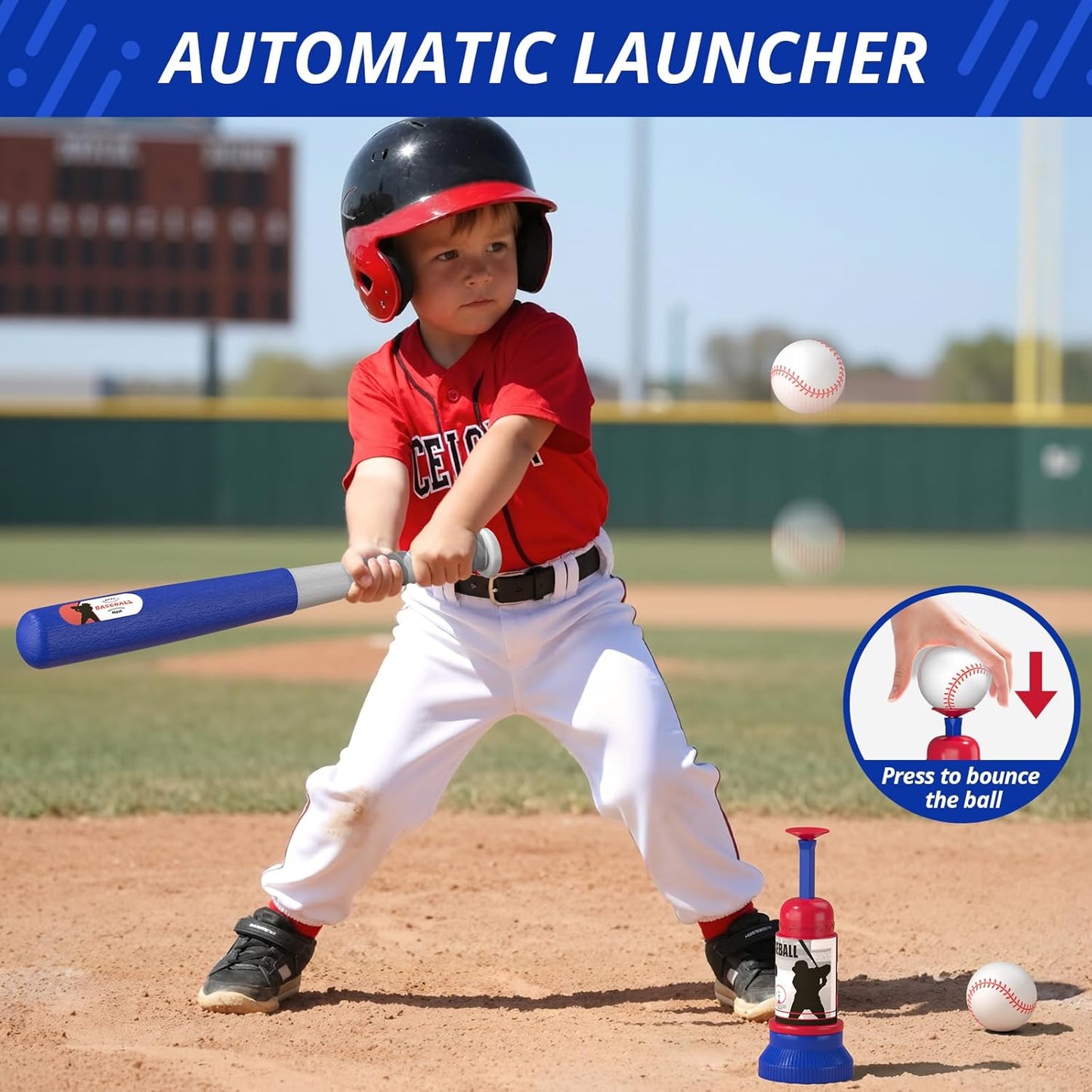 HotHYES 3-in-1 Baseball Set for Kids 3-5 - Tee Ball Stand, Hanging Tee, Ball Launcher and 6 Softballs - Adjustable Height, Indoor/Outdoor Sport Gifts for Boys Girls
