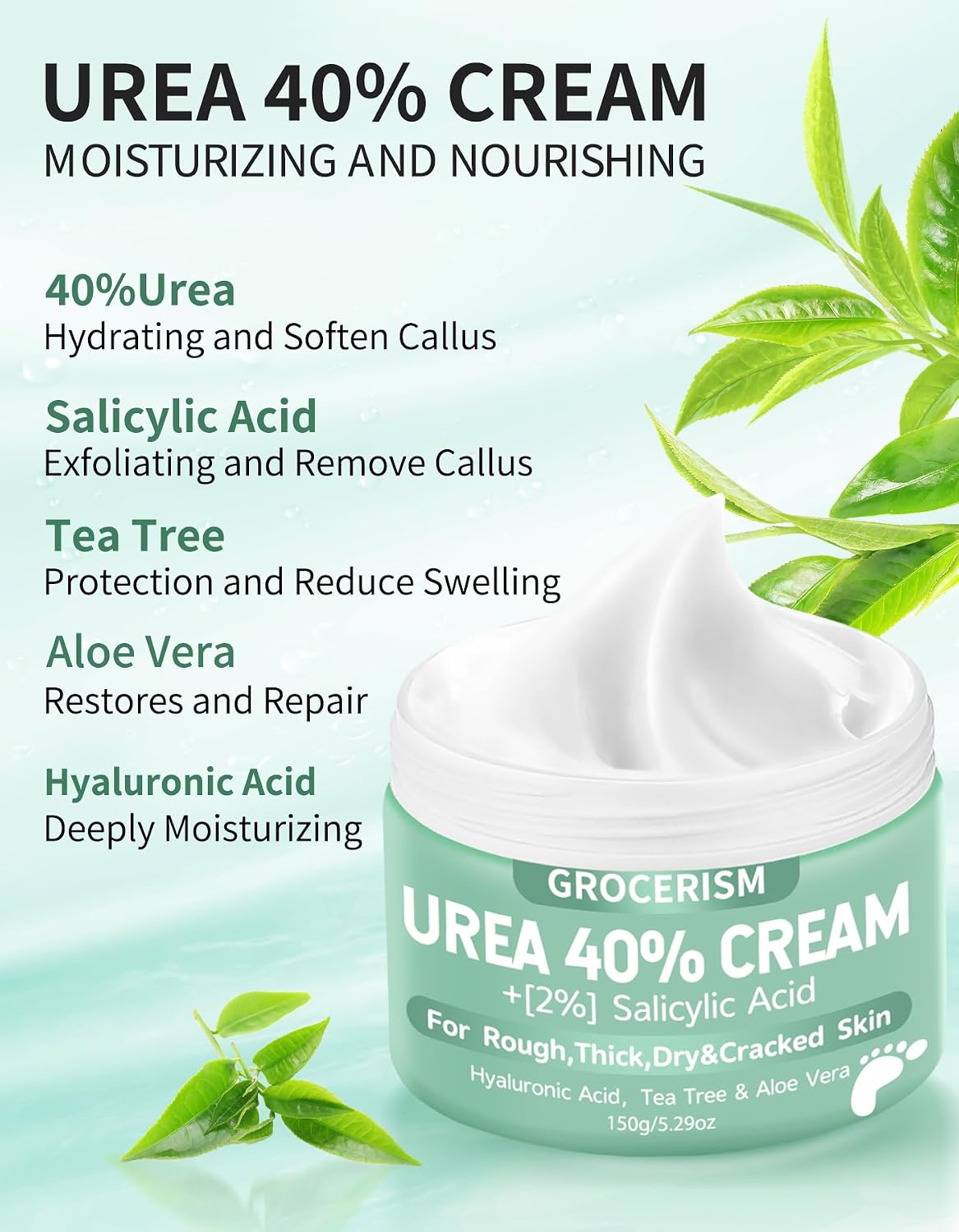 HotGrocerism Urea Cream 40 Percent for Feet with 2% Salicylic Acid 5.29 oz || Foot Cream and Hand Cream Maximum Strength for Dry, Rough, Callused Skin, Exfoliating Moisturizer for Heels, Elbows and Knees
