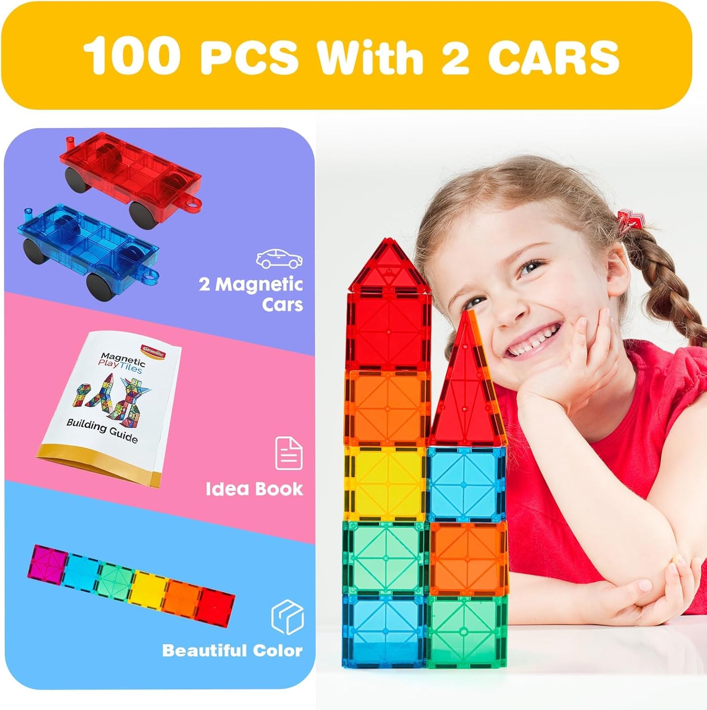 Hot Gemmicc 100 PCS Magnetic Tiles with 2 Cars, STEM Approved Educational Magnet BuildingToys, Magnet Puzzles Stacking Blocks for Boys Girls