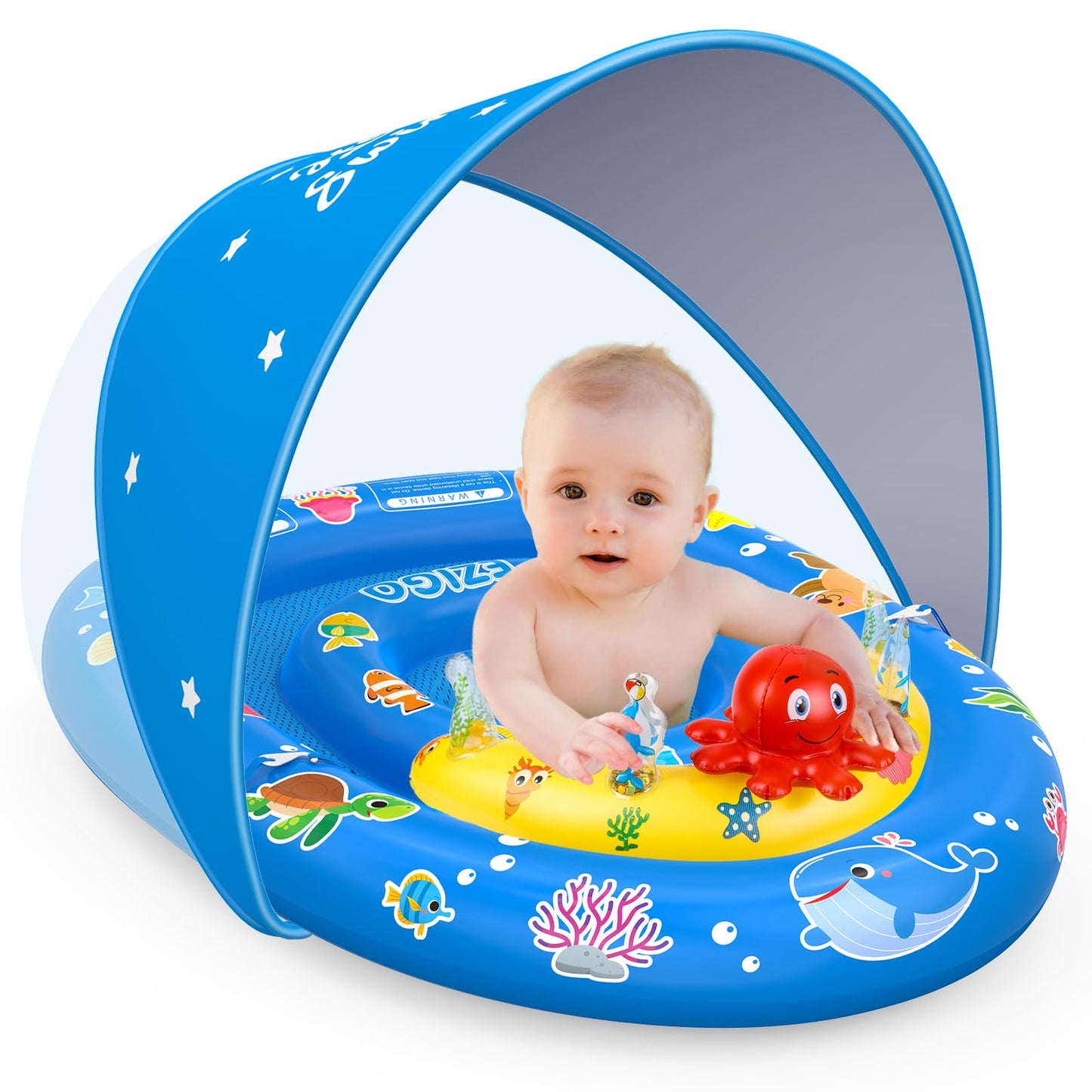 HotEZIGO Baby Pool Float with Canopy UPF50+ Sun Protection, Inflatable Kids Pool Floats with Ocean Animal Toys for Baby 6-36 Months, Infant Swimming Float with Adjustable Safety Seat for Boys Girls