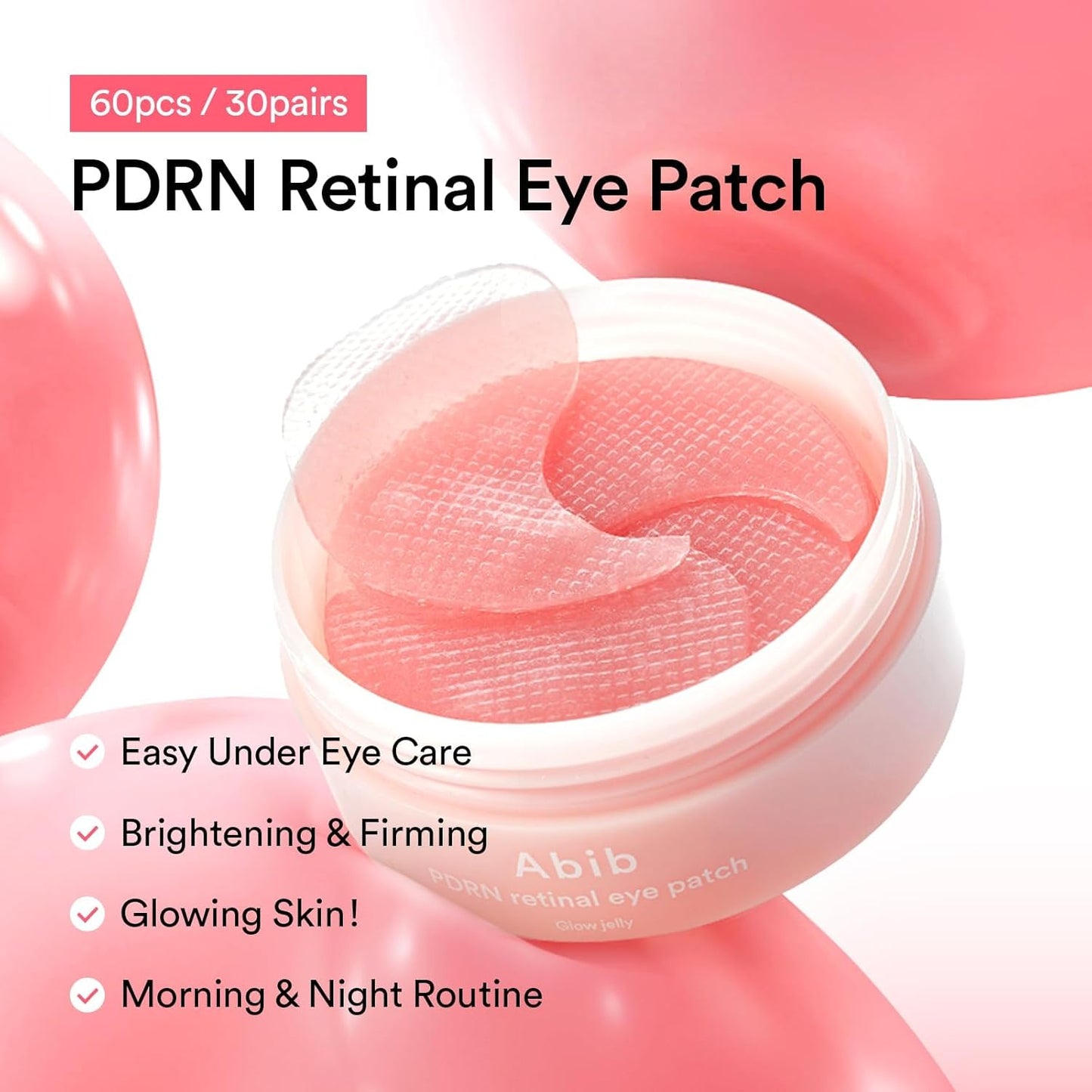 HotAbib PDRN Retinal Eye Patches for Rejuvenating & Puffy Eyes with Glow Jelly, Niacinamide, 60 Count, Korean Skin Care