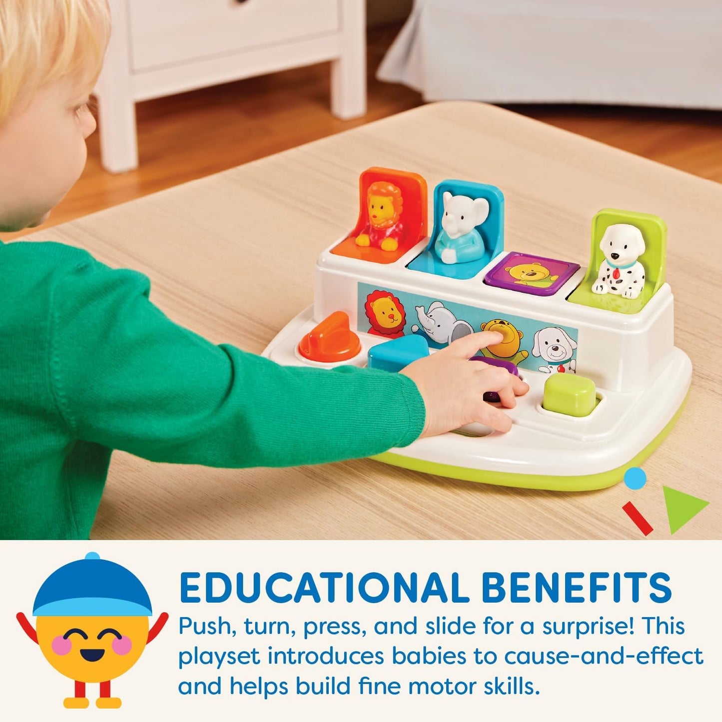 HotBattat Pop-Up Toy, Pop-Up Pals Cause-and-Effect Animal Toy, Toddler, 4 Pals | 4 animal pals pop up with turn, press, flip, and slide actions; colors, shapes, carry handle, Toddler, 4 Pals; 18+ Months