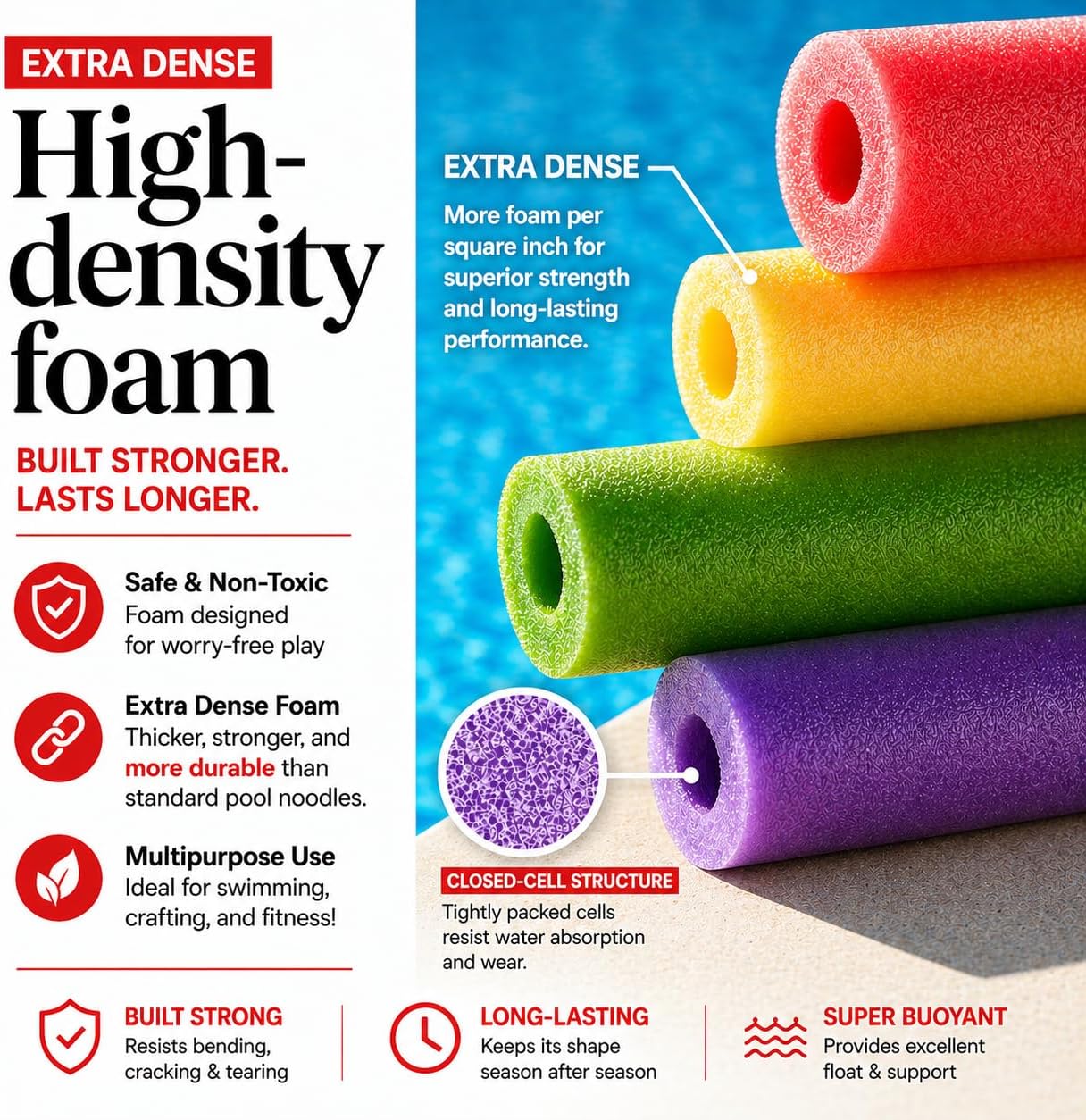 HotPlay22 Pool Noodles Foam 6 Pack - Extra Dense Foam Swim Noodles for Pool, Lake & Float Training - 6 Bright Colors - Durable, Multi-Use Water & Exercise Tubes