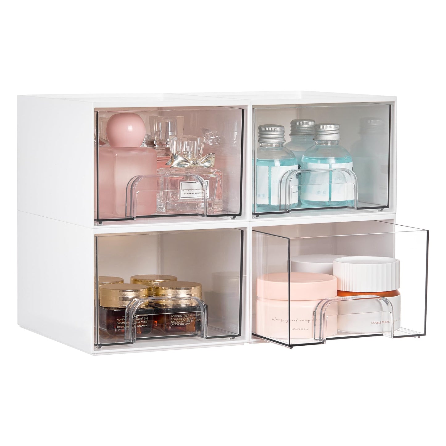 HotVtopmart 4 Pack Small Clear Stackable Storage Drawers,Acrylic Bathroom Makeup Organizer,Plastic Storage Bins for Vanity, Undersink, Kitchen Cabinets, Pantry, Home Organization