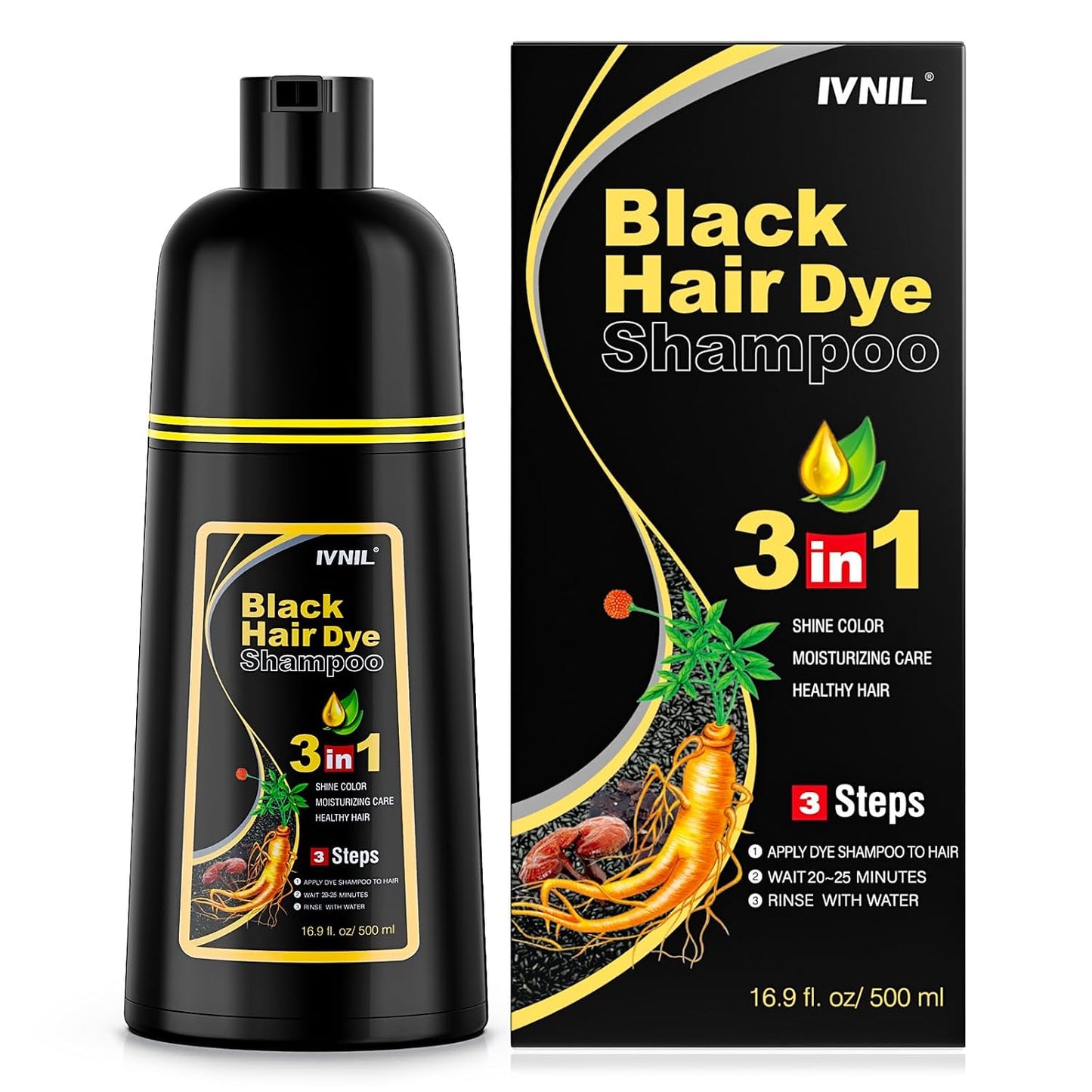 HotIvnil Black Hair Dye Shampoo 3 in 1 Hair Color Shampoo for Women & Men for Gray Hair Coverage, shampoo para pintar el cabello