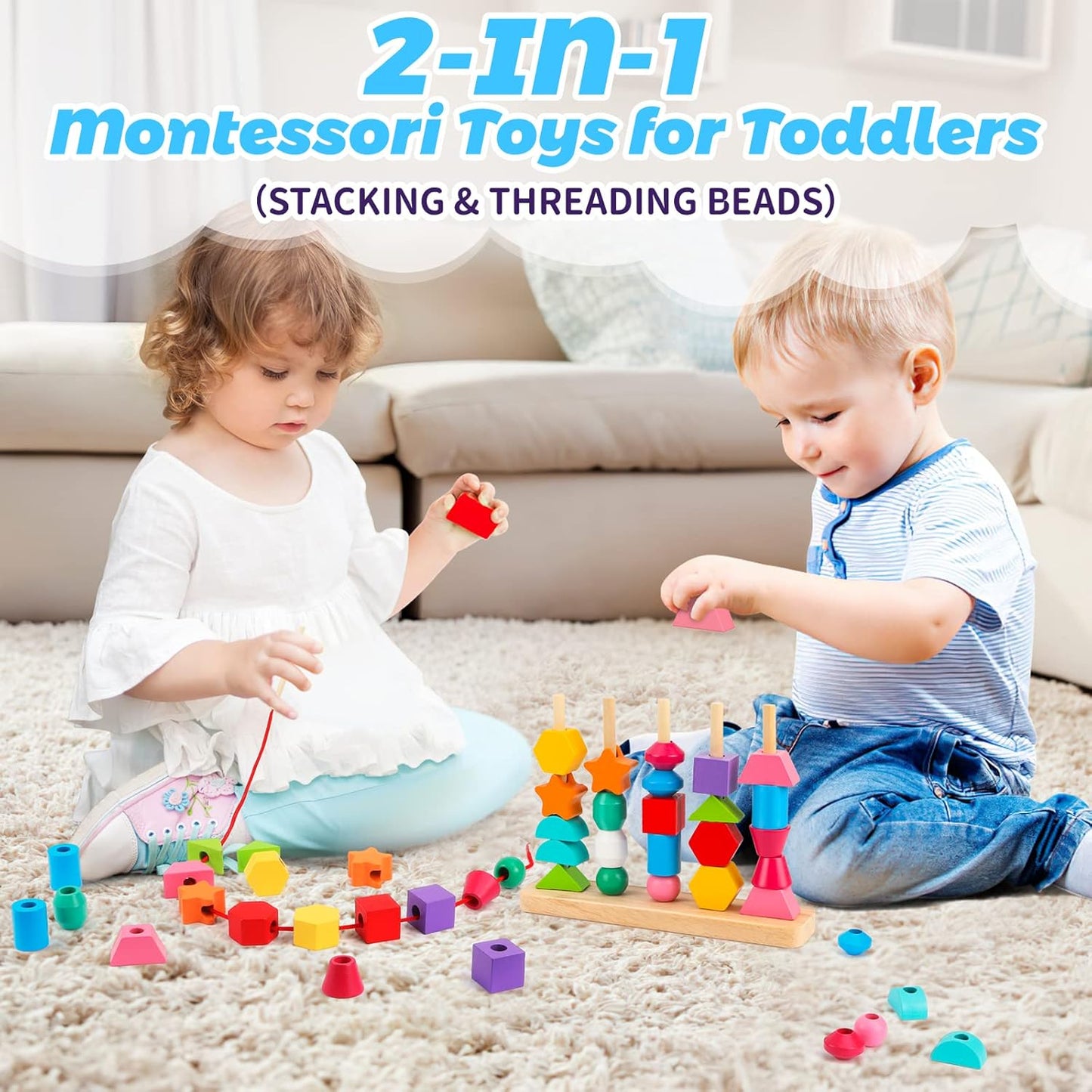 Hot Montessori Wooden Beads Sequencing Toy Set, Stacking Blocks & Lacing Beads & Matching Shape Stacker, Montessori Toys for 3 4 5 Year Old STEM Preschool Learning Toys Gifts for Kids Boy Girl Toddler