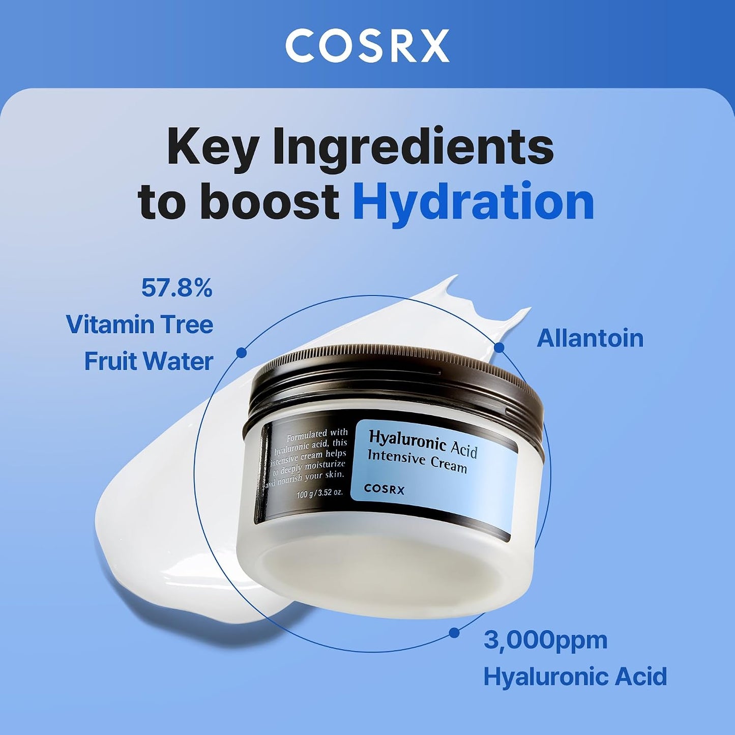 HotCOSRX Hyaluronic Acid Moisturizing Cream, Lightweight, Non-Greasy, Long-lasting Hydration for Glass Skin, Daily Moisturizer for Sensitive Skin, Moisture Barrier Repair, Korean Skin Care, 3.52 oz