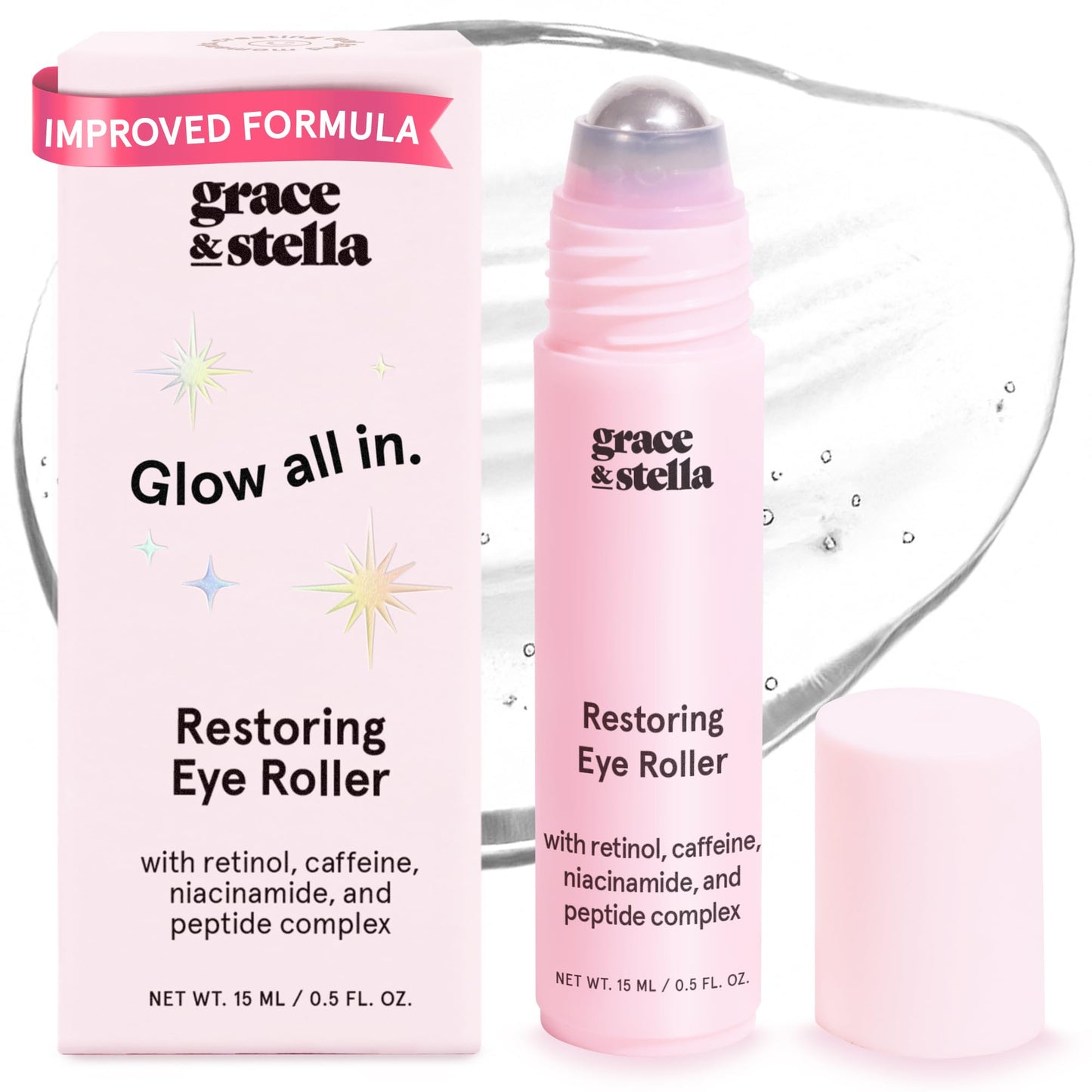 Hotgrace & stella Under Eye Brightener with Cooling Metal Rollerball - Centella Asiatica & Caffeine Eye Serum for Puffy Eyes - Travel Essentials - Under Eye Cream - Travel Essentials (15ml / 0.51floz)