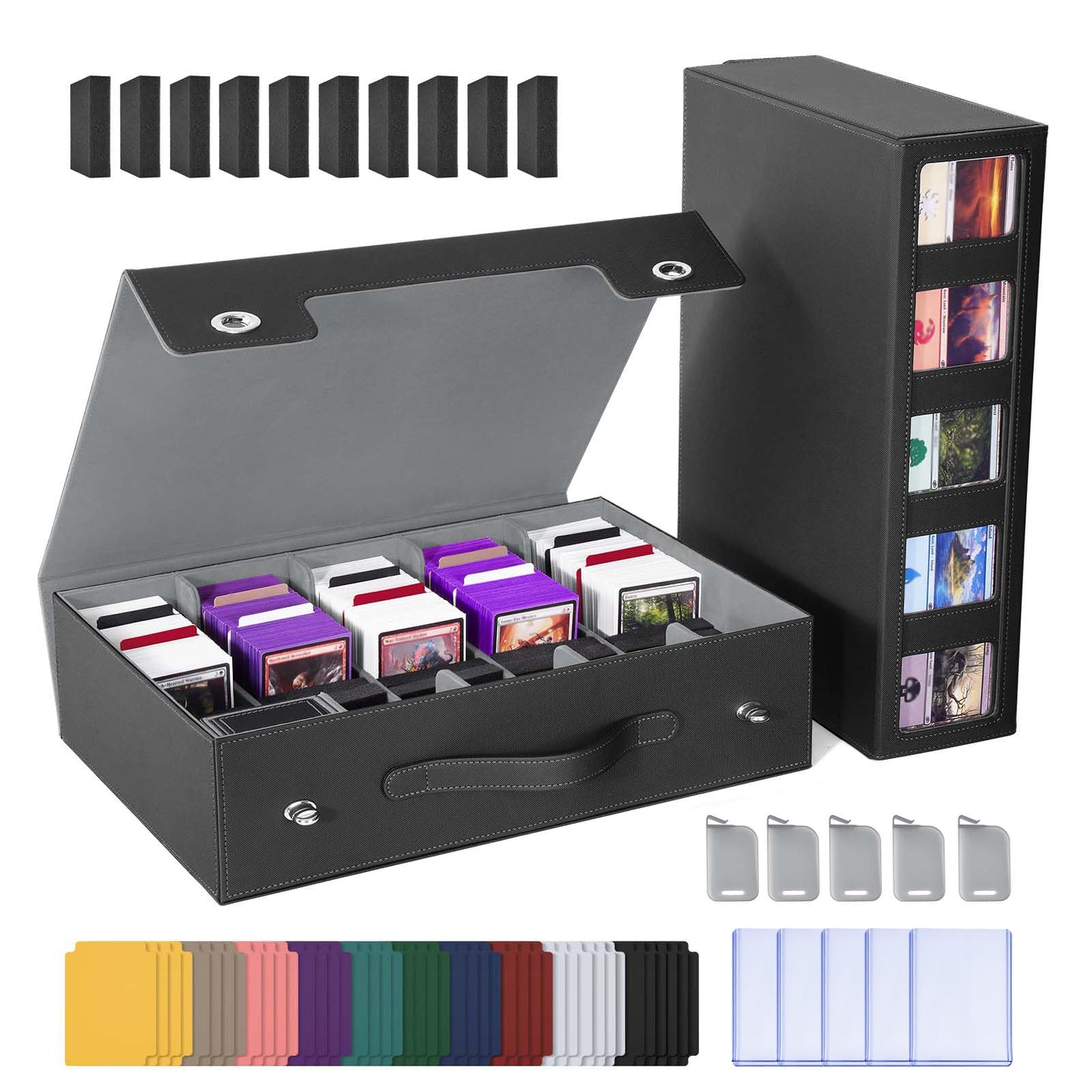 Hot UAONO Trading Card Storage Box, Holds 1800 Sleeved Cards with 10 Dividers & 3 Stoppers, Magnetic Closure PU Leather Card Case for MTG, PTCG, YGO, Sports Cards (Black)