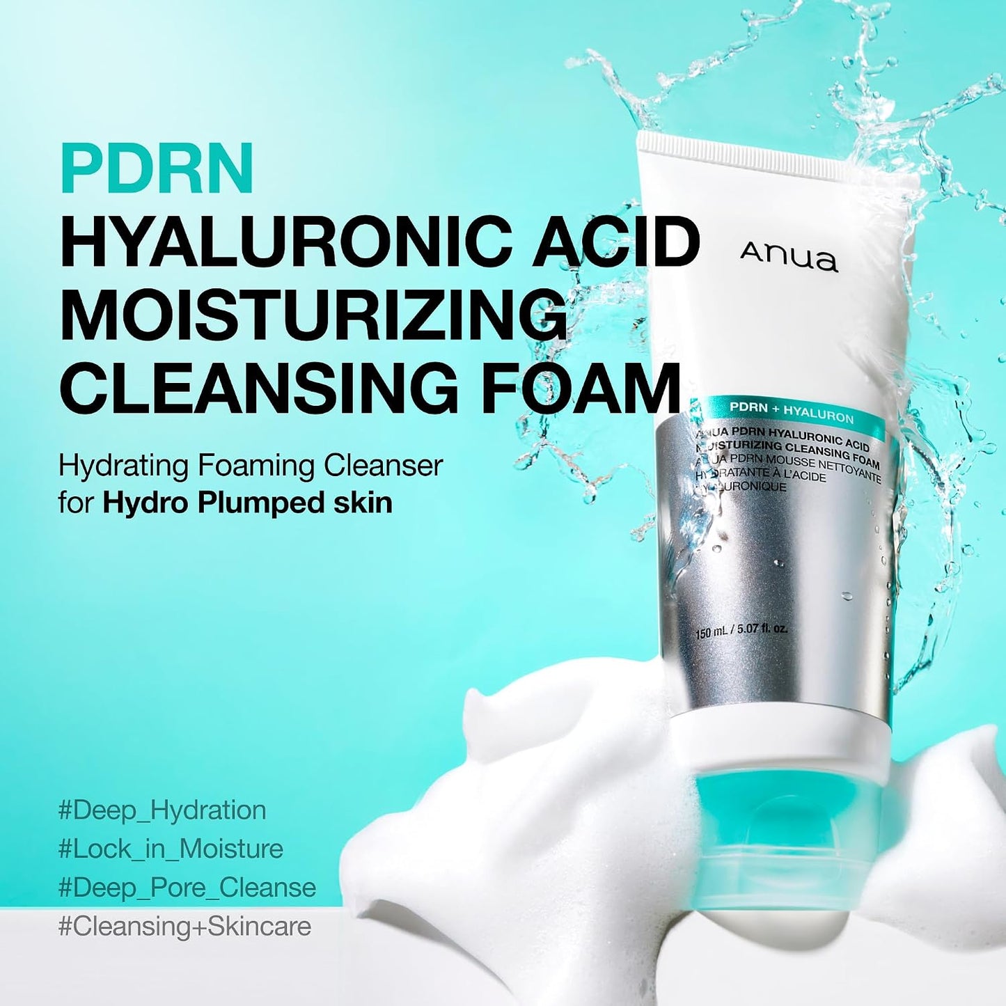 HotAnua PDRN Hyaluronic Acid Moisturizing Cleansing Foam, Daily Gentle Face Wash for Dry Skin, Salmon DNA Hydrating & Soft Facial Cleanser, Barrier Repair & Glow Glass Skin, Korean Skincare, 5.07 fl oz.