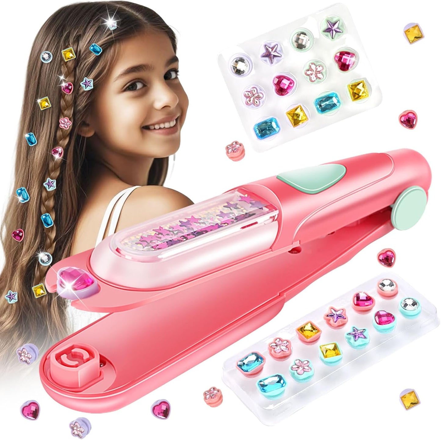 Hotkidzkube Hair Gem Stamper Kit, Bling Hair Jewels for Girls Toys, Hair Styling Tool with Reusable Shining Diamonds, Birthday Gifts Toys for Girls Ages 3 4 5 6 8-12