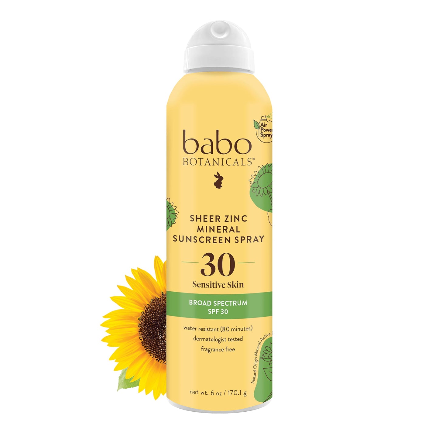 HotBabo Botanicals Sheer Zinc Continuous Sunscreen Spray SPF30 - Natural Zinc Oxide - Extra Sensitive Skin - Water Resistant - Vegan - Fragrance-Free - Air-Powered Spray - For all ages