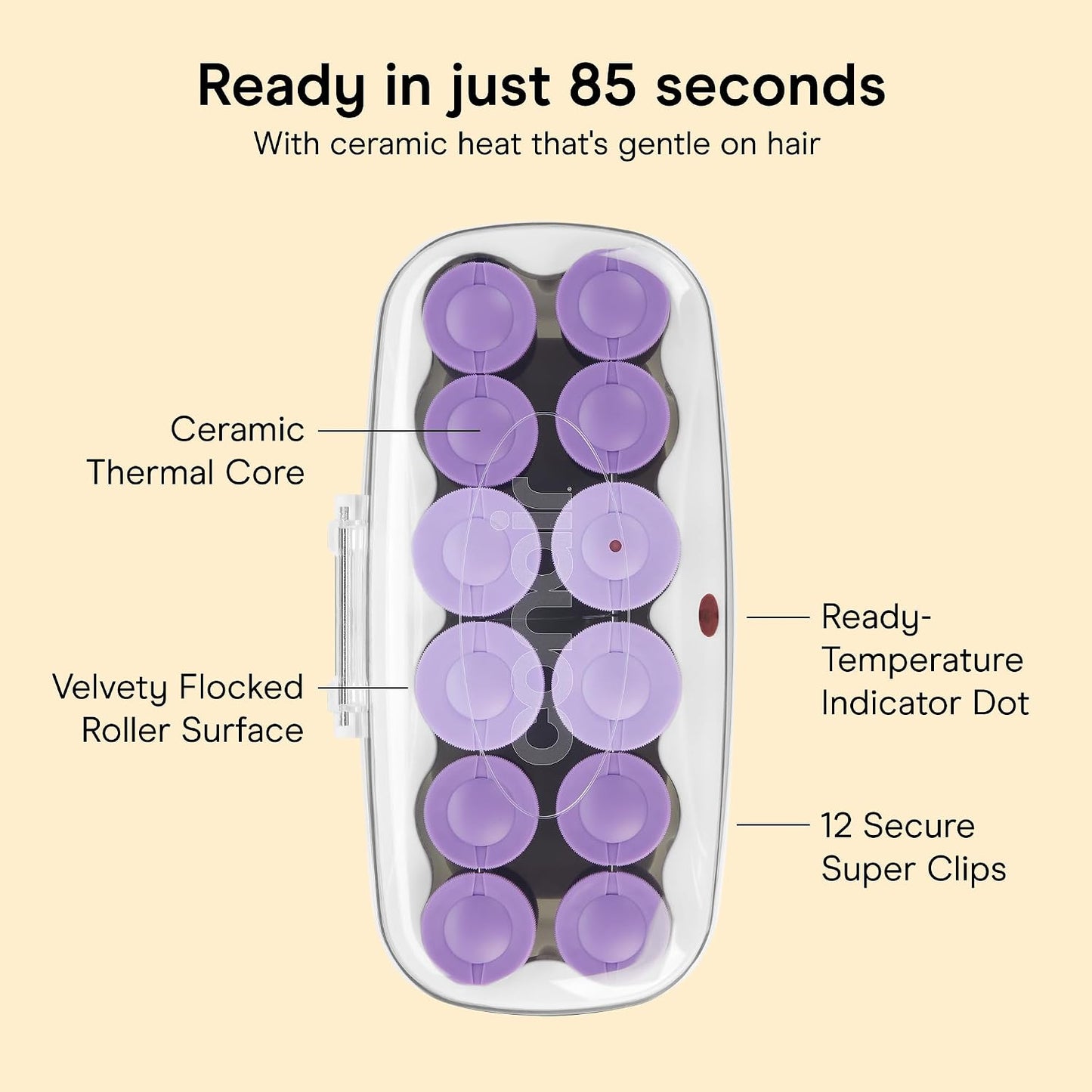 HotConair Ceramic Hot Rollers, 1 3/4" & 1 1/2" Rollers, Lavender, 12 Count | Heated hair rollers in 2 jumbo sizes heat in 85 seconds to create long-lasting volume on shoulder-length hair and beyond