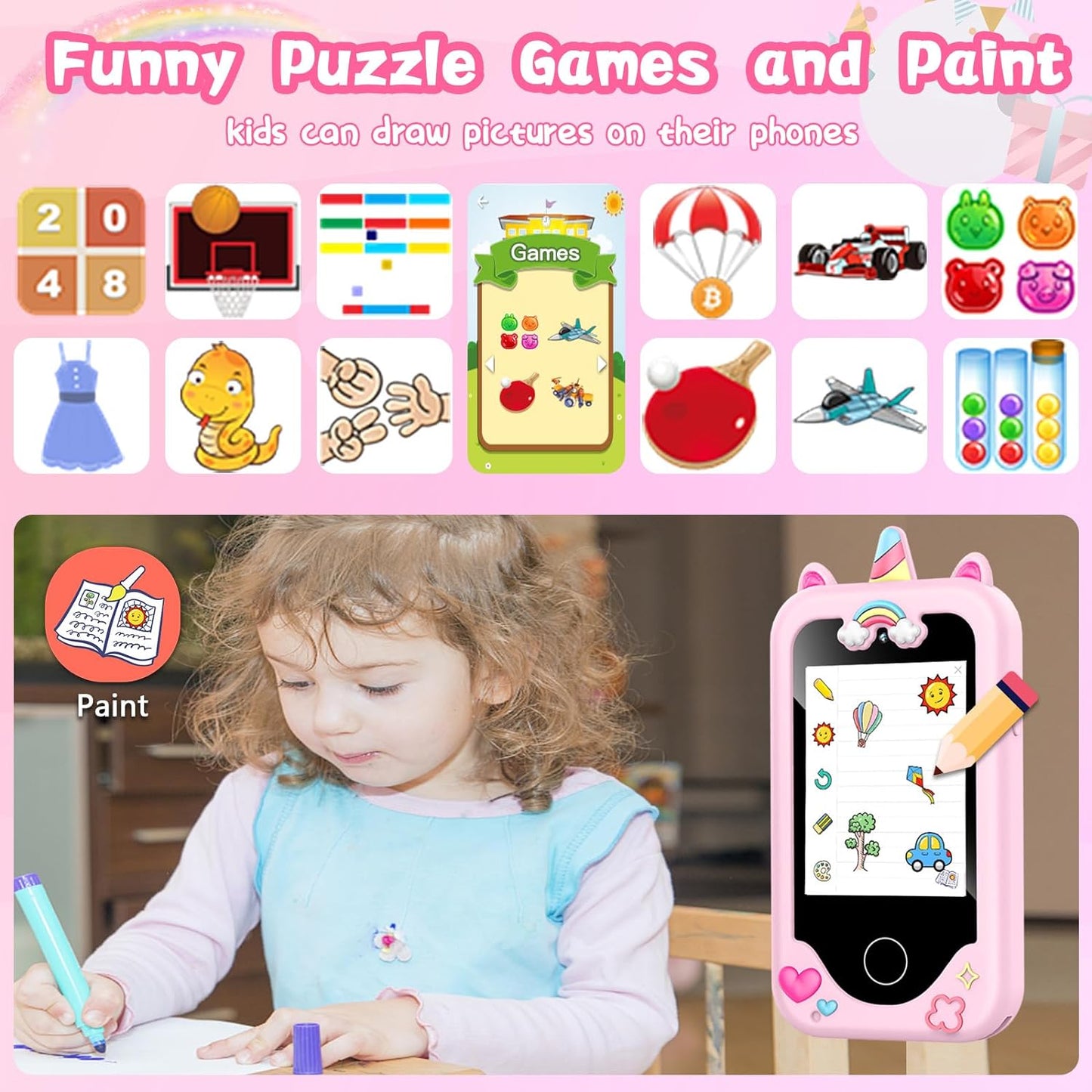 Hot Kids Smart Phone with Dual Camera, Game & Music Player, Toddler Learning Play Toy Cell Phone, Gifts for Girls, Christmas, Birthday, Age 3-10, Light Pink