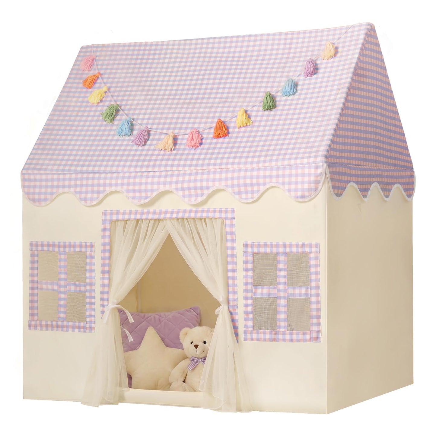 HotKids Play Tent Indoor: with Mat, Tassel Garland - Large Gray Kids Tent Indoor Playhouse for Kids Toys for Boy Girl Birthday Gift