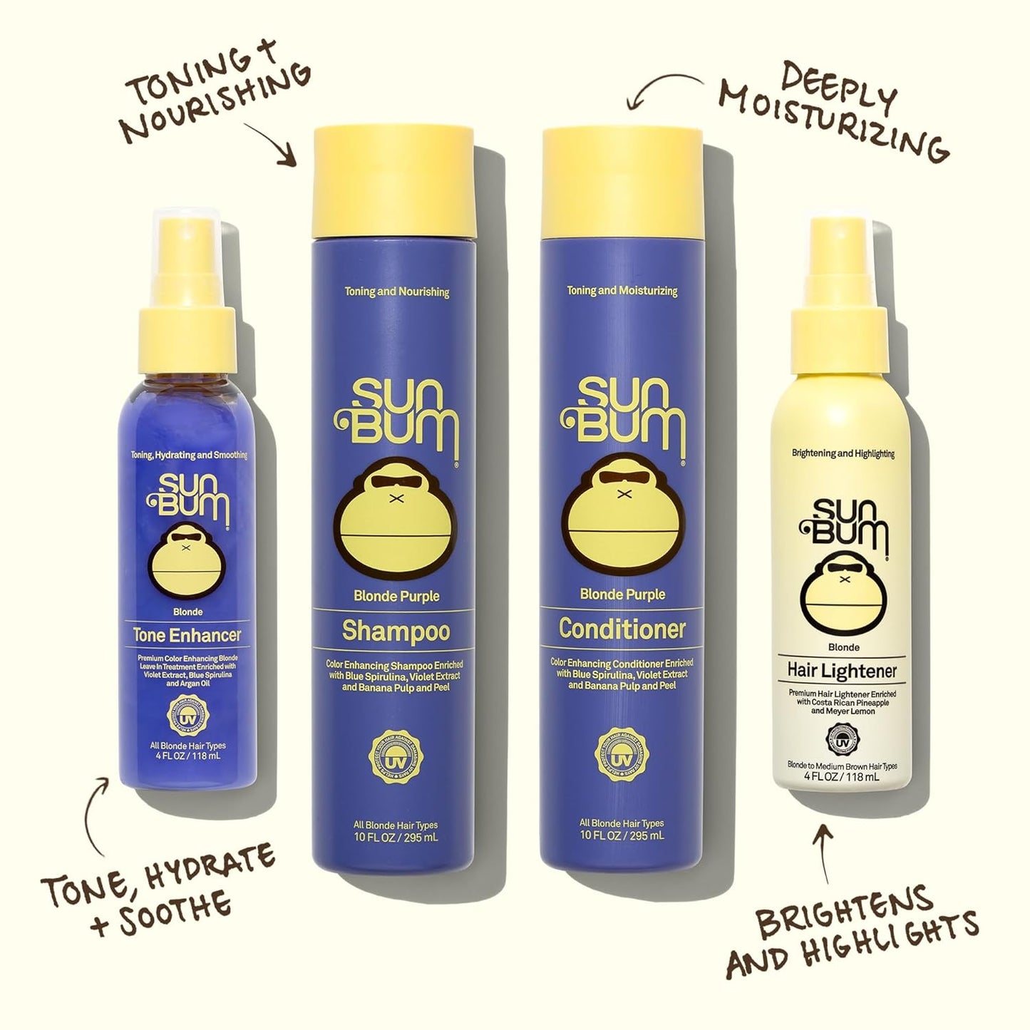 HotSun Bum Hair Lightener Spray - For Blonde to Medium Brown Hair Types - UV Protecting - Enriched with Pineapple and Meyer Lemon - Vegan - 4 oz
