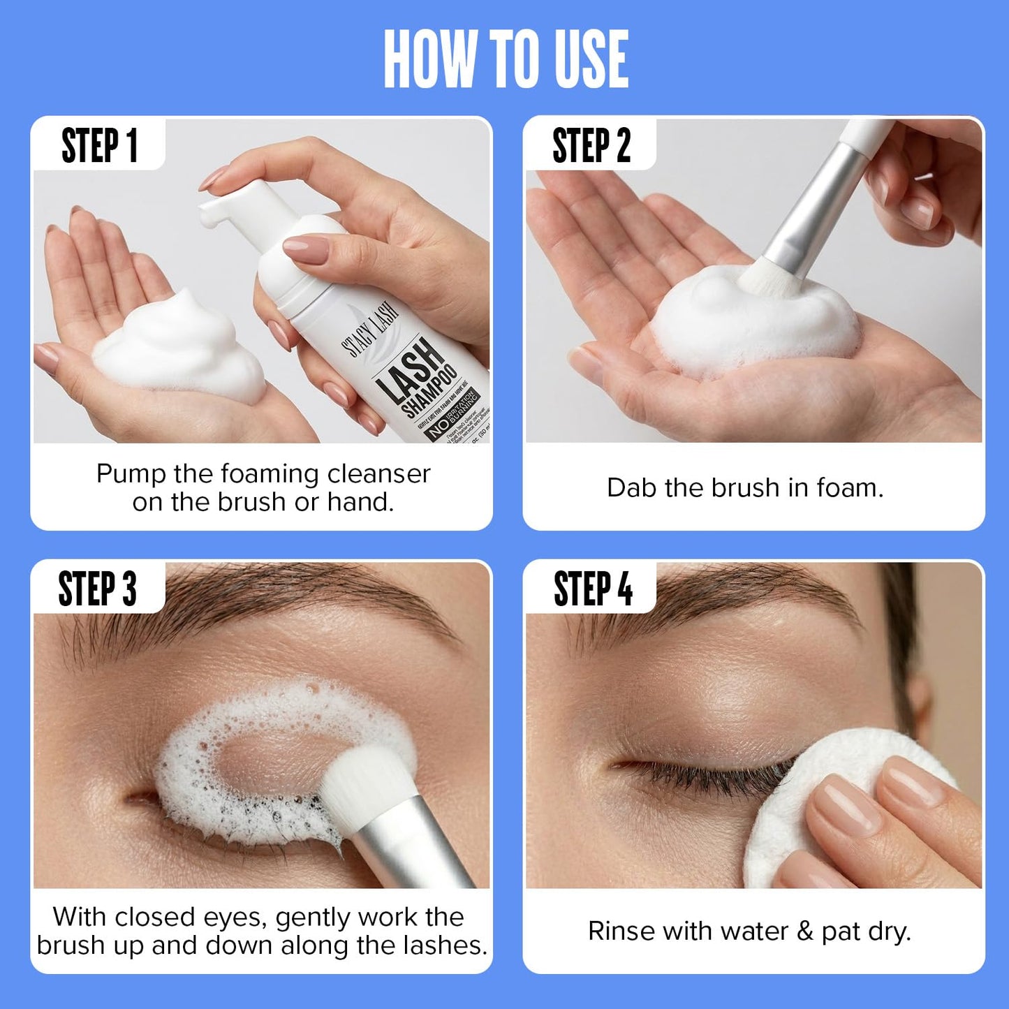 HotSTACY LASH Eyelash Extension Shampoo + Brush / 1.69 fl.oz / 50ml / Korean Makeup Remover/Eyelid Foaming Cleanser/Wash for Extensions & Natural Lashes/Supplies for Professional & Home Use