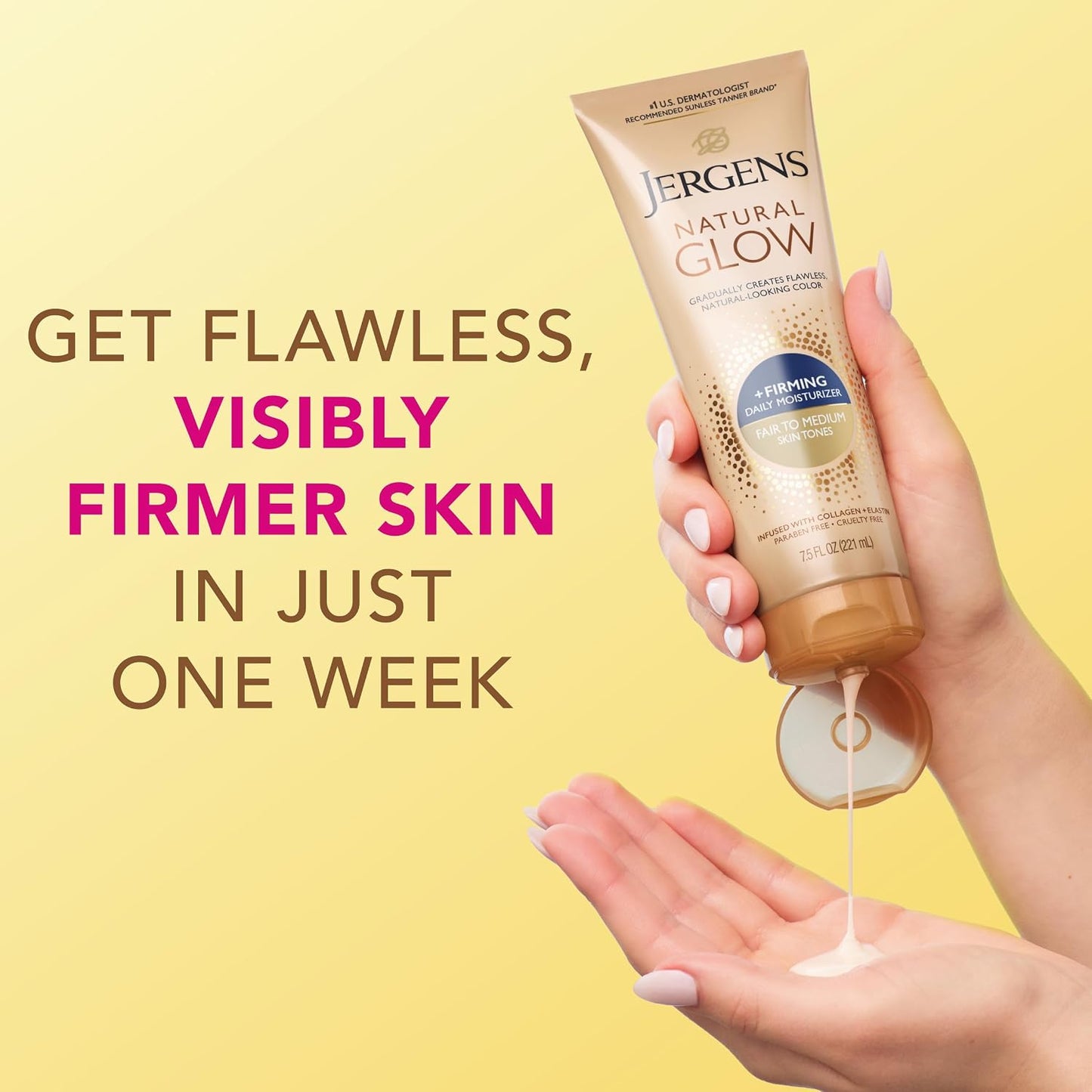 HotJergens Natural Glow +Firming Self Tanner Lotion Fair to Medium, 7.5 oz | Sunless Tanning Moisturizer, Collagen and Elastin Formula, Reduces Cellulite, Gradual Glow, Fair to Medium Skin Tone