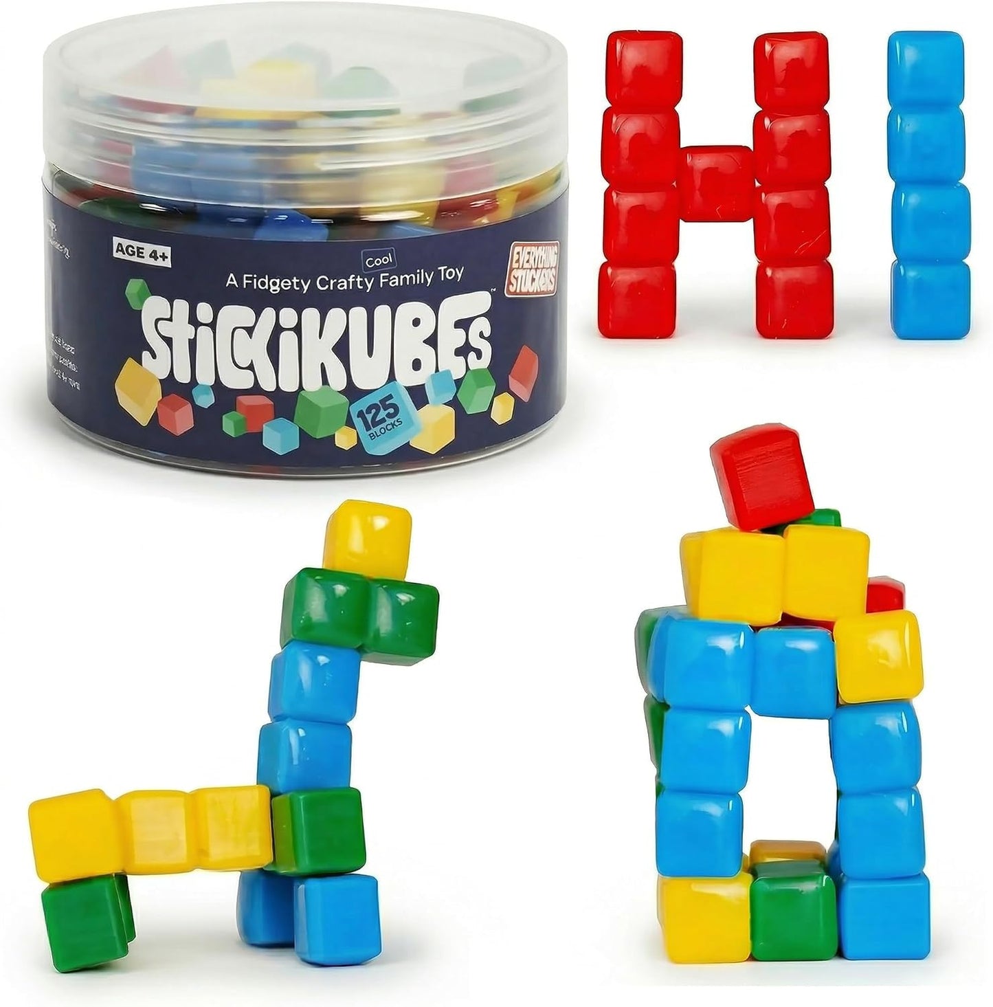 Hot StickiKubes 125-Pack, 4 Colors, Mini Sticky Stacking Cubes, STEM Blocks | Plastic Tub for Easy Storage, Sticks to Any Surface, Non-Toxic, Ages 4+